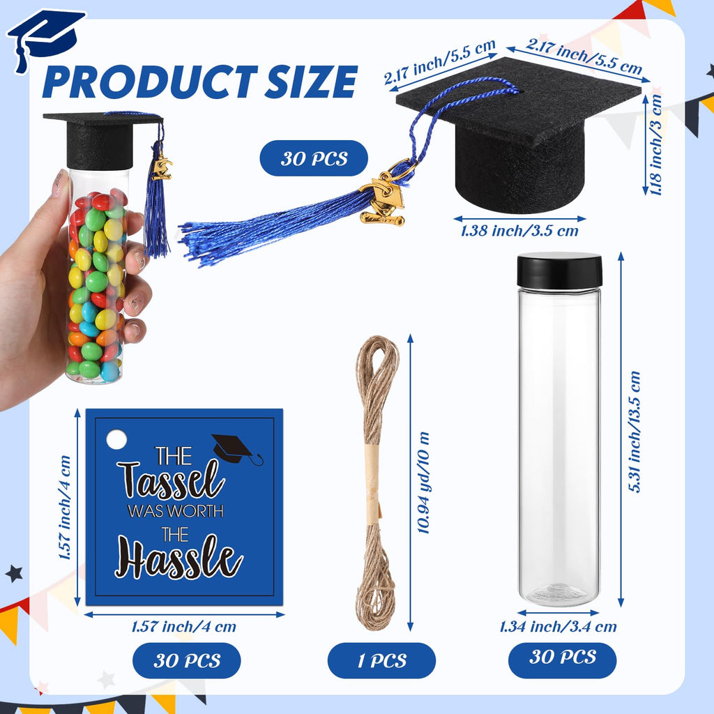 Willinglong 30 Set 2026 Graduation Candy Tubes Jars Set 100 ml Fillable Clear Plastic Gumball Container with Cap with Tassel and Cards for DIY 2026 Graduation Party Favors(Blue)