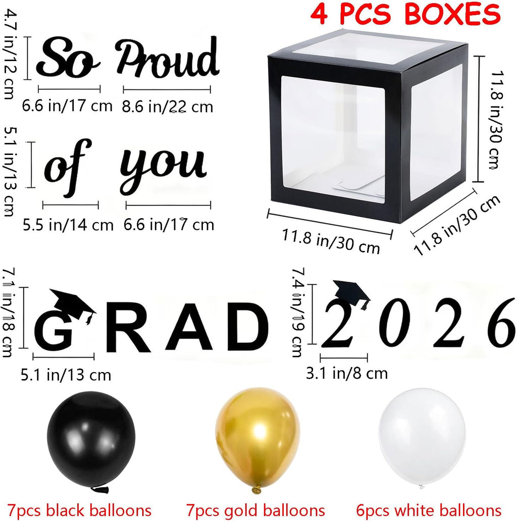 Graduation Decorations 2026 Set of 4 Boxes with 20pcs Balloons and Letters 2026 GRAD So Proud of You - Class of 2026 Party Supplies for High School & College Celebrations