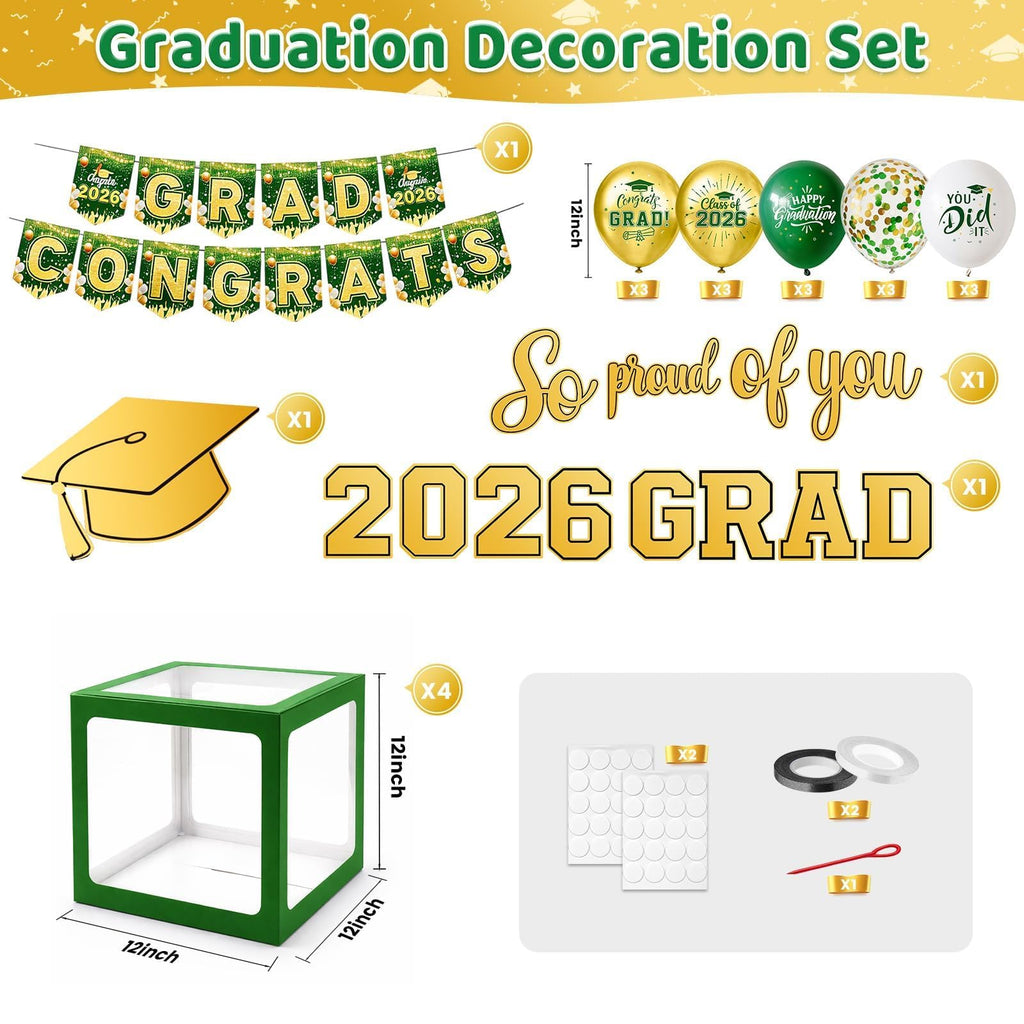 Gold and Black Graduation Party Decorations, Grad Balloon Boxes with Letters 2026 GRAD So Proud of You, Grad Balloons and Banner Decorations for Class of 2026 High School Graduation Decor