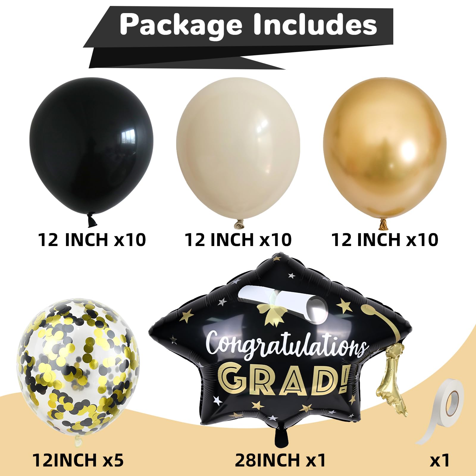 Black and Gold Balloons Graduation Balloon with Grad Foil Balloons Black White Sand Beige Gold Metallic Balloon for Grad Prom High School College Baby Shower Anniversary Birthday Party Decor