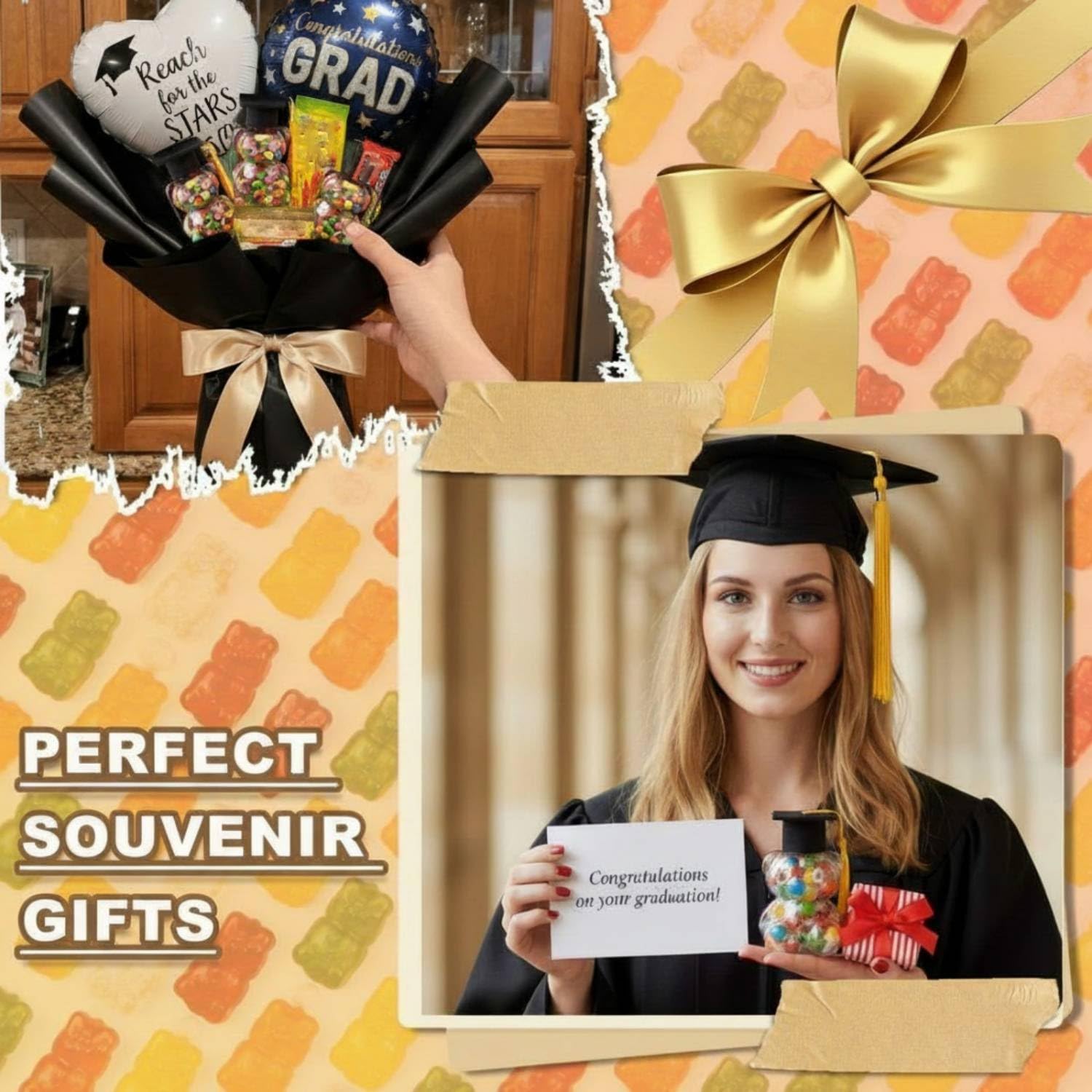 15 Set Graduation Cap Bear Jars Graduation Candy Boxes Containers Plastic Clear Bear Jars with Black Grad Cap and Tassel Grad Gifts Bulk for Party Favors Decorations (60 ml,Black Eyes)