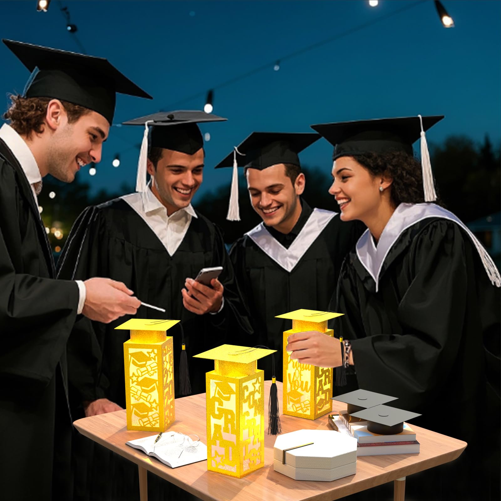 6 Pcs Graduation Table Centerpieces Boxes Class of 2026, Golden Graduation Paper Lanterns Boxes with String Lights Hollow Out for Congrats Grad School College Table Decorations Grad Party Photo Props