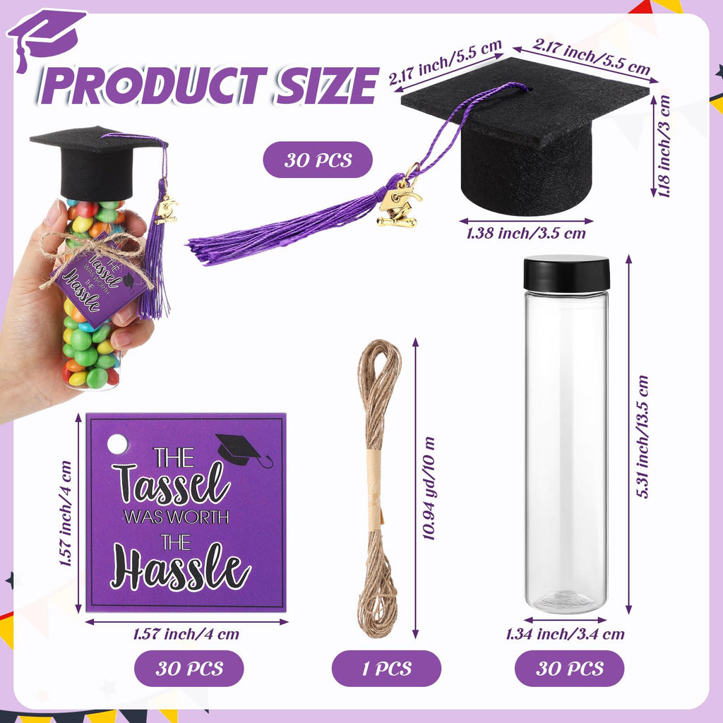 Willinglong 30 Set 2026 Graduation Candy Tubes Jars Set 100 ml Fillable Clear Plastic Gumball Container with Cap with Tassel and Cards for DIY 2026 Graduation Party Favors(Blue)