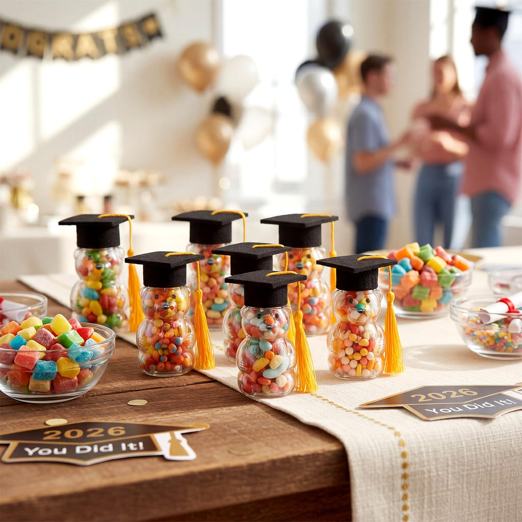 15 Set Graduation Cap Bear Jars Graduation Candy Boxes Containers Plastic Clear Bear Jars with Black Grad Cap and Tassel Grad Gifts Bulk for Party Favors Decorations (60 ml,Black Eyes)