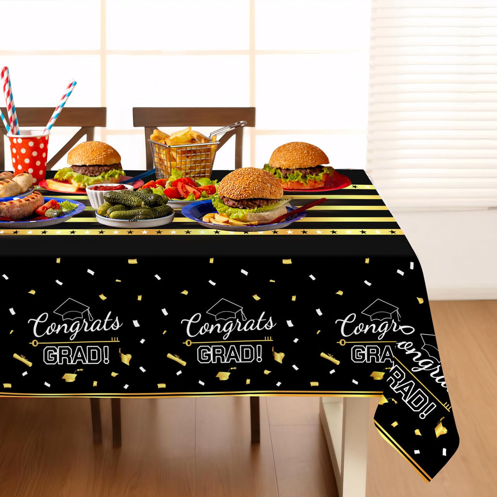 Childom 3 Pack Graduation Tablecloth,Graduation Decorations Class of 2026 Graduation Party Decorations,54"x108" Black and Gold Plastic Table Cloth Disposable for Home,School,Birthday,Wedding,Parties