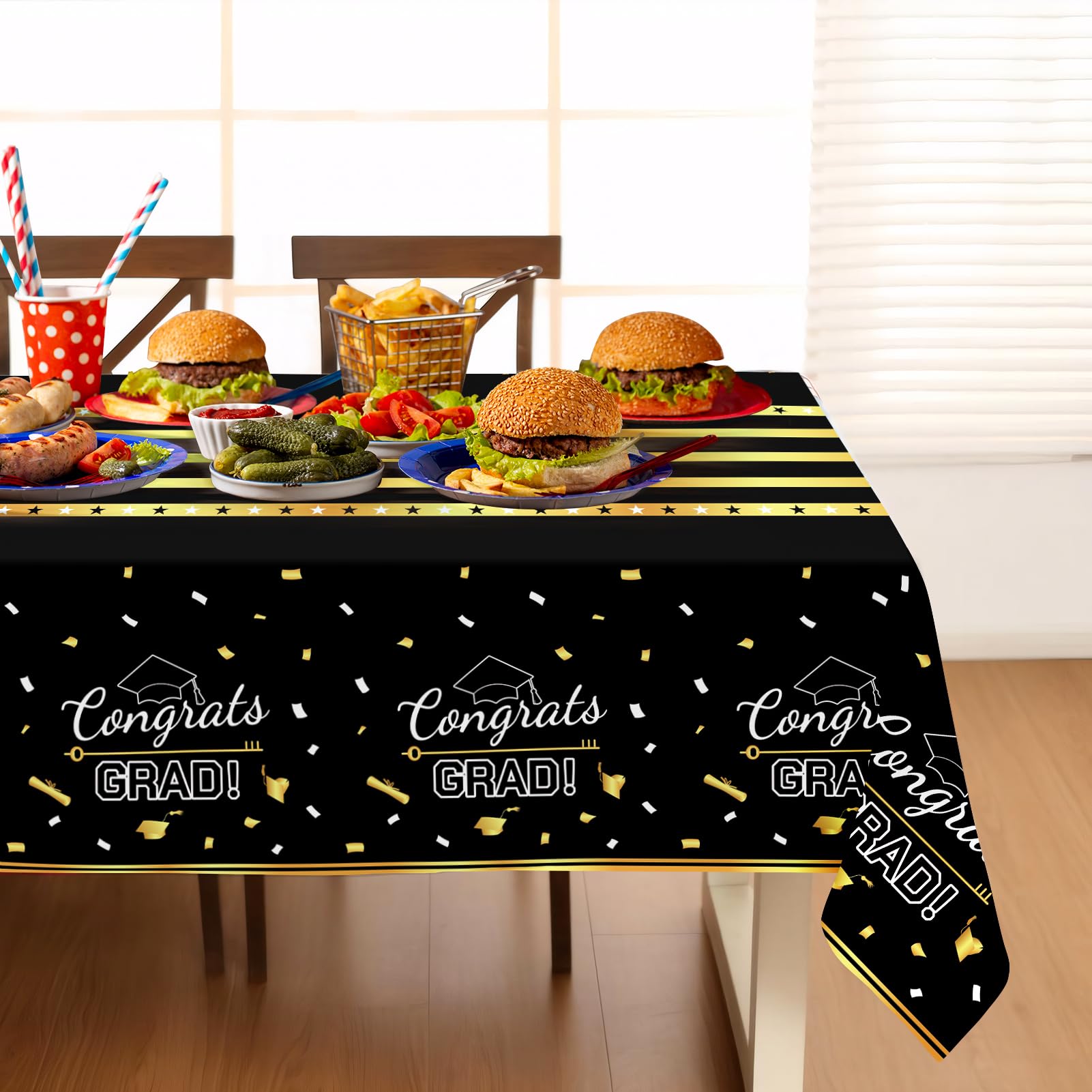 Childom 3 Pack Graduation Tablecloth,Graduation Decorations Class of 2026 Graduation Party Decorations,54"x108" Black and Gold Plastic Table Cloth Disposable for Home,School,Birthday,Wedding,Parties