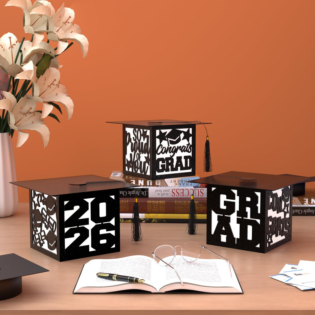 6 Pcs Graduation Table Centerpieces Boxes Class of 2026, Golden Graduation Paper Lanterns Boxes with String Lights Hollow Out for Congrats Grad School College Table Decorations Grad Party Photo Props