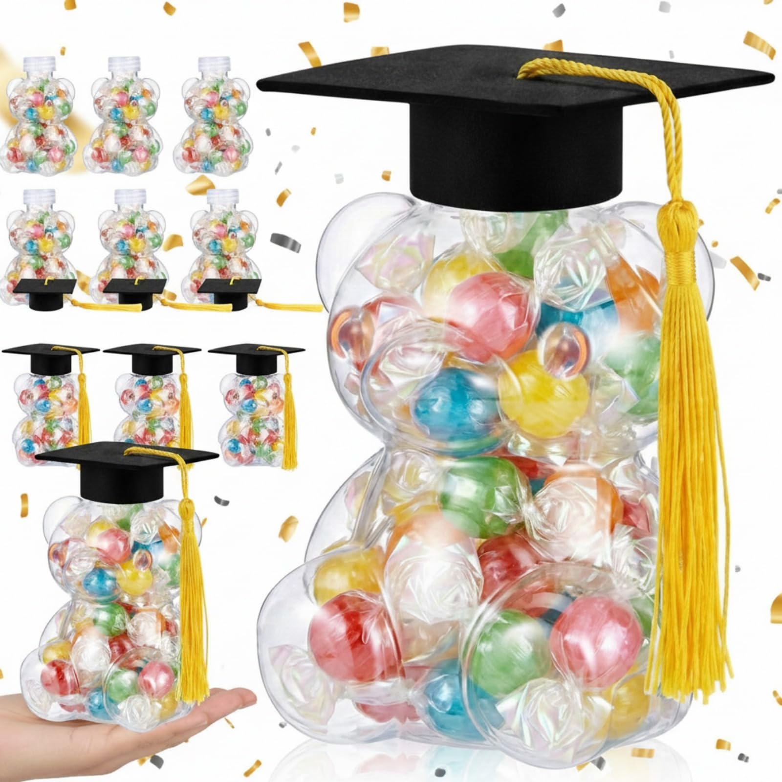 15 Set Graduation Cap Bear Jars Graduation Candy Boxes Containers Plastic Clear Bear Jars with Black Grad Cap and Tassel Grad Gifts Bulk for Party Favors Decorations (60 ml,Black Eyes)