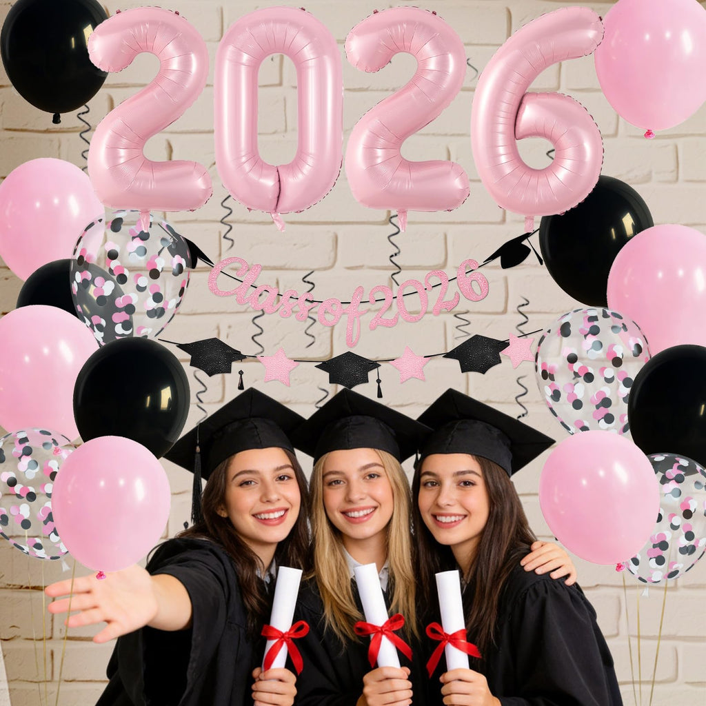 Graduation Balloons Class of 2026, Black Gold Graduation Party Decorations Set with 32in 2026 Number Balloons Confetti Balloon Star Cap Garland Banner for Senior High School College Grad Party Decor