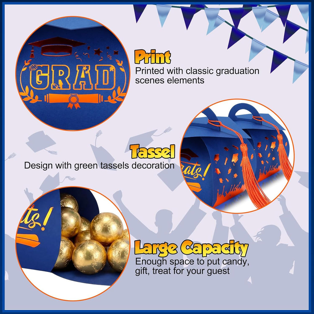 Spakon 30 Pcs Graduation Cap Gift Box Graduation Party Favors Candy Boxes Treat Box with Tassel Table Centerpieces Class of 2026 Grad Decorations(Blue, Gold)