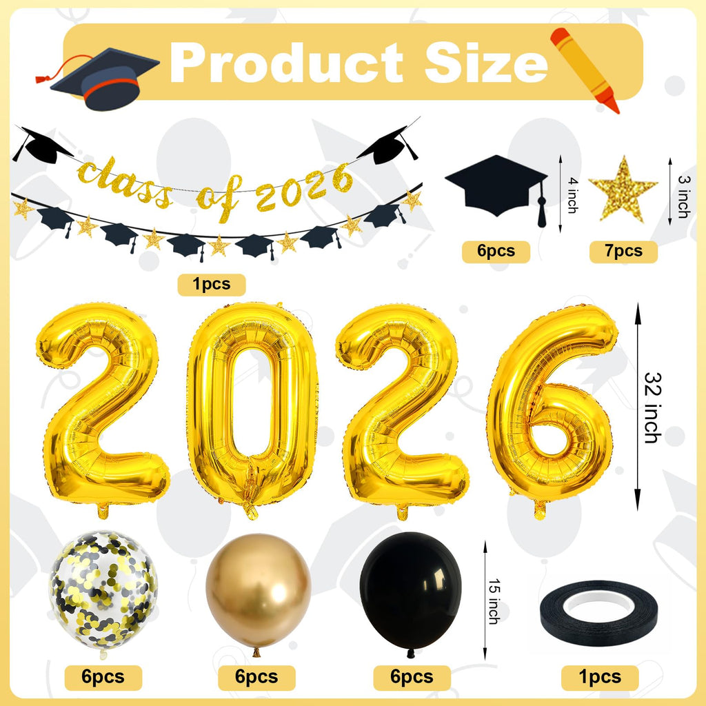 Graduation Balloons Class of 2026, Black Gold Graduation Party Decorations Set with 32in 2026 Number Balloons Confetti Balloon Star Cap Garland Banner for Senior High School College Grad Party Decor
