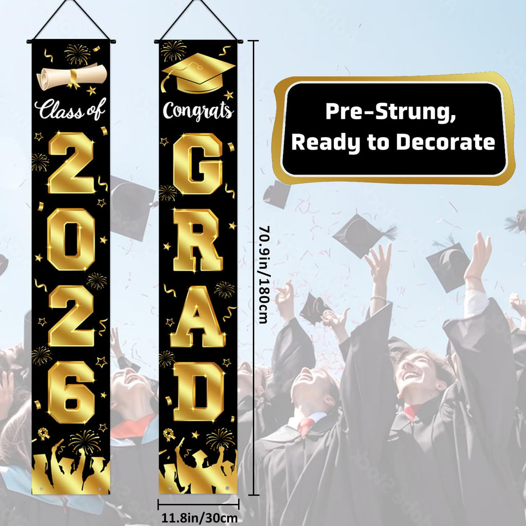 Graduation Decorations 2026 Porch Banner, Black and Gold Graduation Banner Class of 2026, Congrats Grad Decorations for Door and Porch Party Supplies