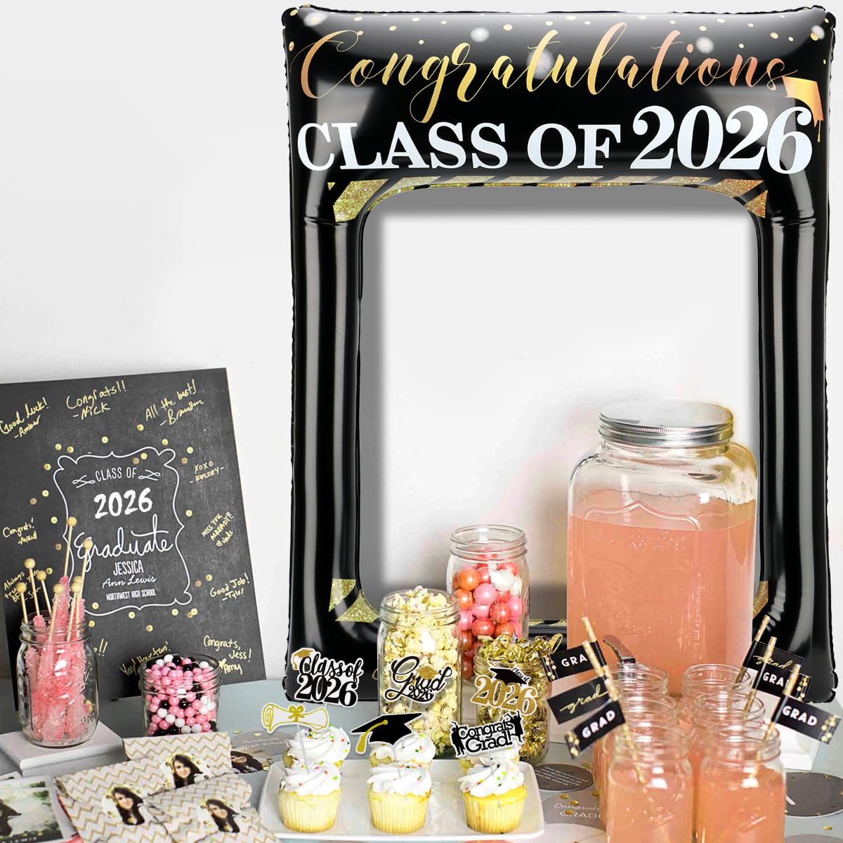 POPGIFTU Class of 2026 Graduation Photo Booth Frame, Inflatable Selfie Frame 31" x 24", Black Gold Congrats Grad Photo Booth Props for Graduation Party Decorations 2026