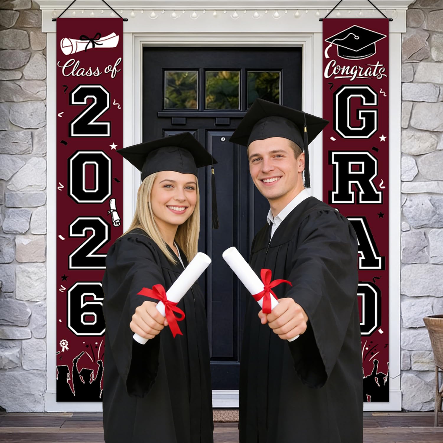 Graduation Decorations 2026 Porch Banner, Black and Gold Graduation Banner Class of 2026, Congrats Grad Decorations for Door and Porch Party Supplies