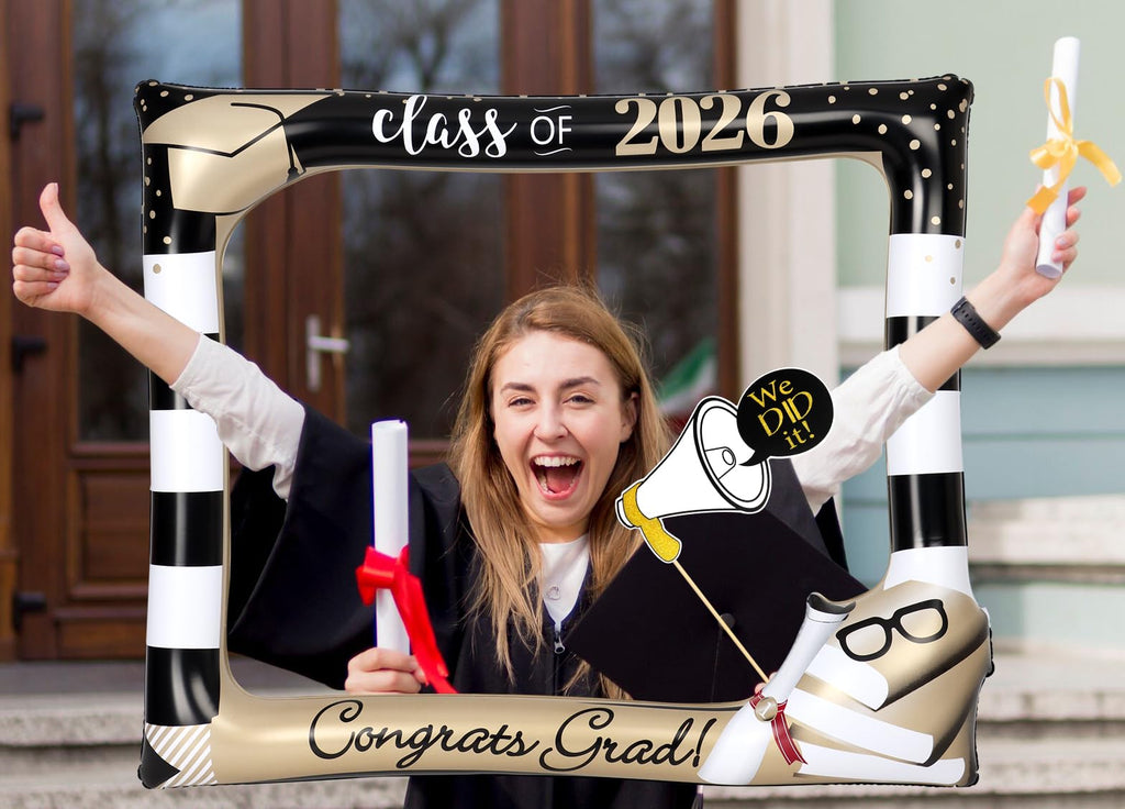POPGIFTU Class of 2026 Graduation Photo Booth Frame, Inflatable Selfie Frame 31" x 24", Black Gold Congrats Grad Photo Booth Props for Graduation Party Decorations 2026