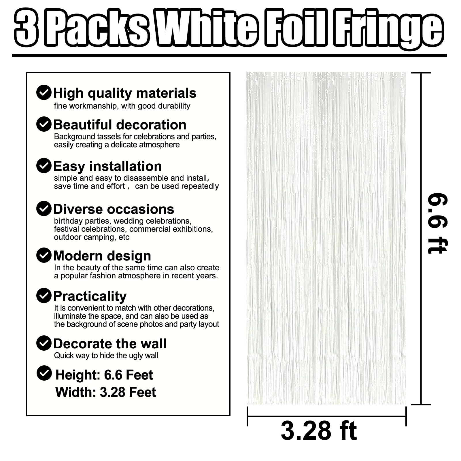3 Pack Black Gold Silver Foil Fringe Curtain Backdrop, 3.28Ft x6.6Ft Metallic Tinsel Foil Fringe Streamer Curtains for Photo Booth, Halloween, Christmas Day, Wedding, New Year Party Decoration