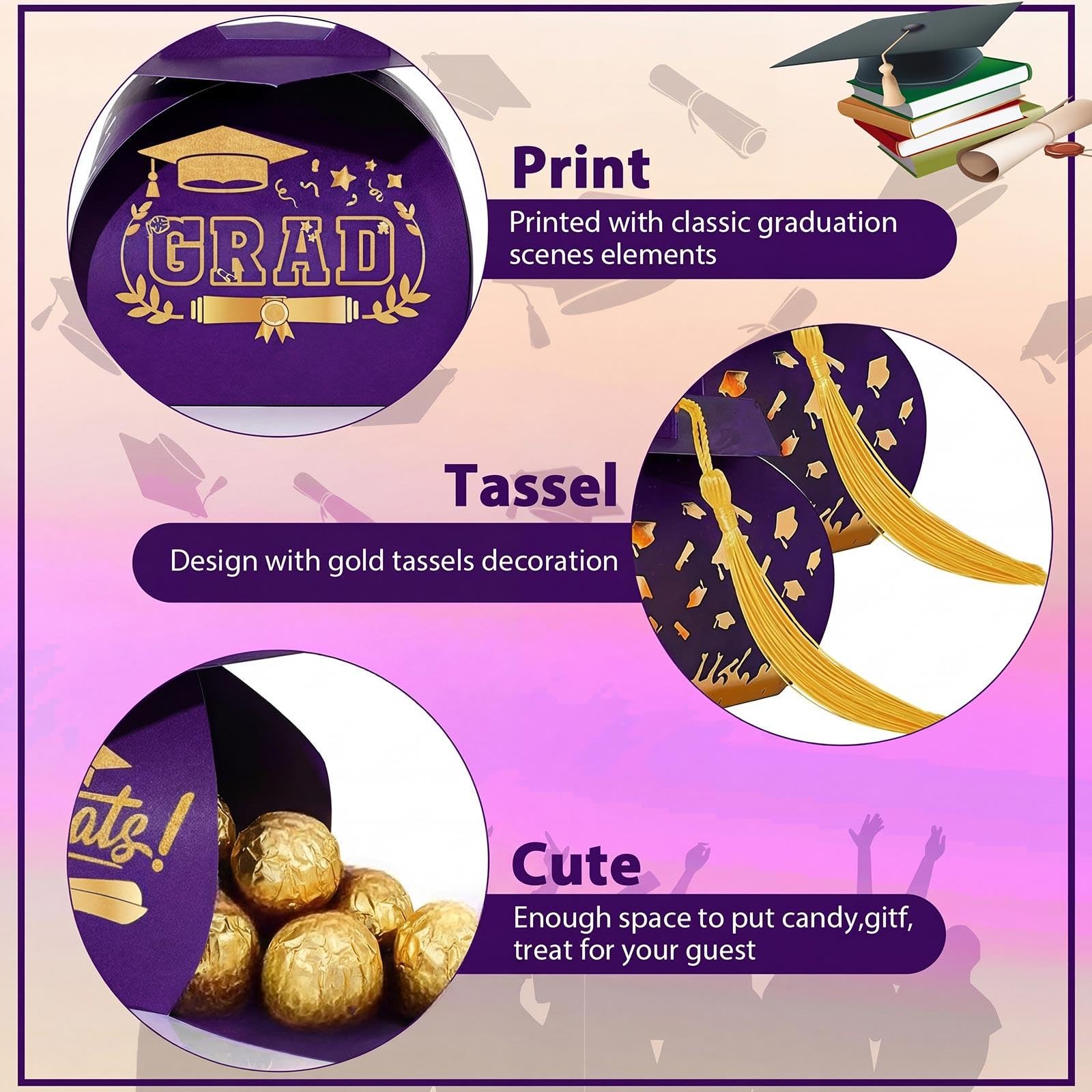 Spakon 30 Pcs Graduation Cap Gift Box Graduation Party Favors Candy Boxes Treat Box with Tassel Table Centerpieces Class of 2026 Grad Decorations(Blue, Gold)