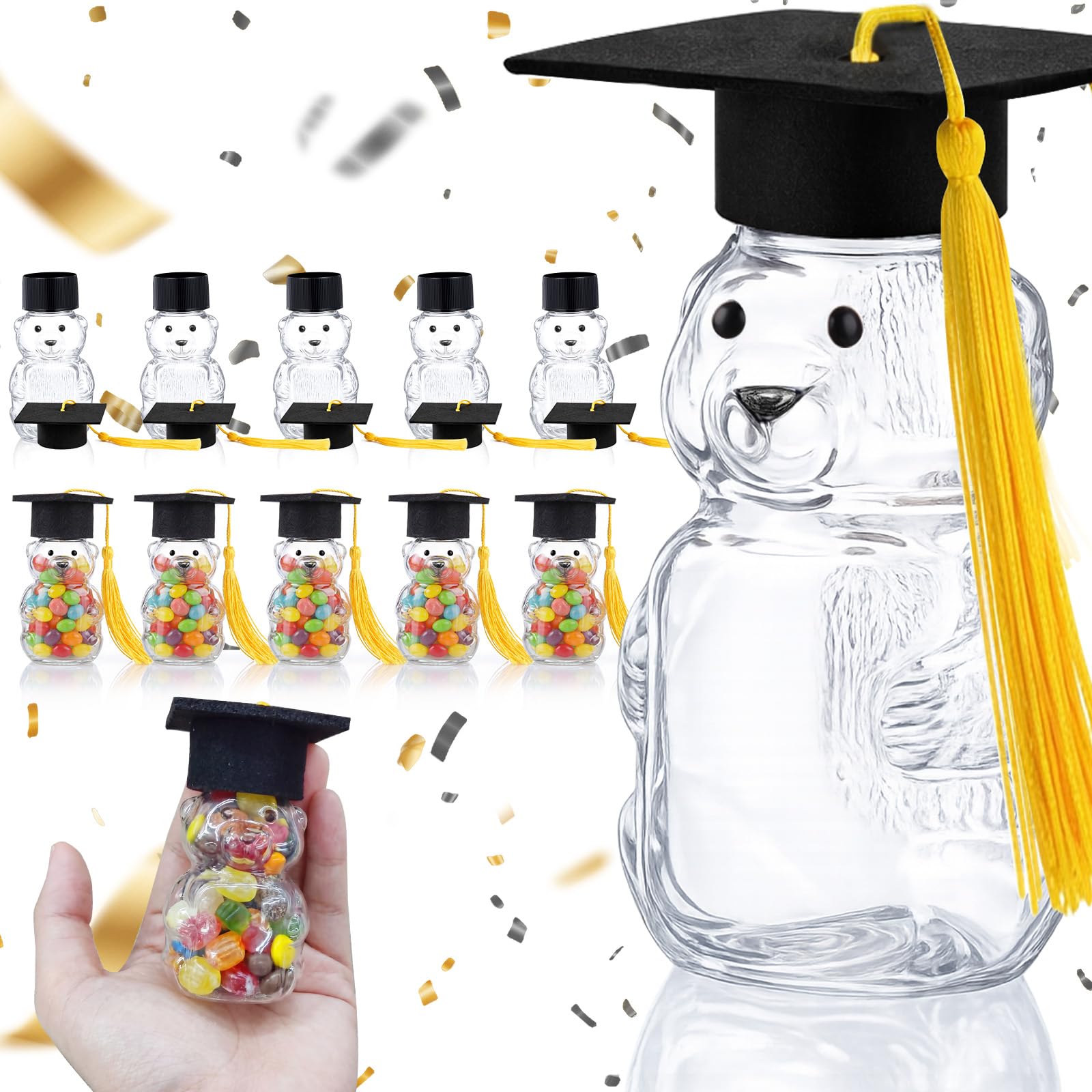 15 Set Graduation Cap Bear Jars Graduation Candy Boxes Containers Plastic Clear Bear Jars with Black Grad Cap and Tassel Grad Gifts Bulk for Party Favors Decorations (60 ml,Black Eyes)