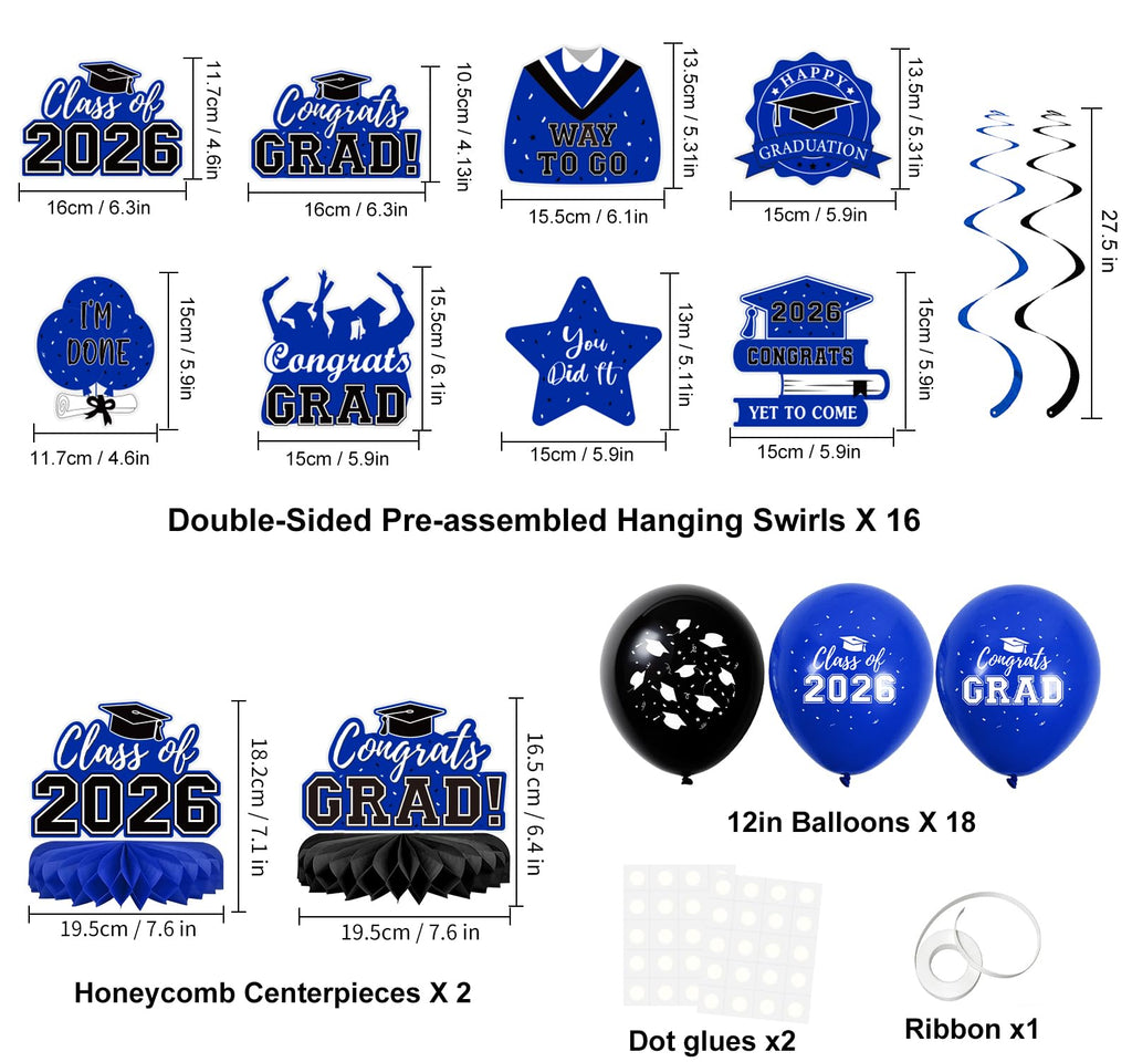 59Pcs Graduation Decorations 2026 Backdrop Balloons Banner Centerpiece Hanging Swirls Grad Class of 2026 Decorations for kindergarten K-12th College Any Grade Black Gold Themed