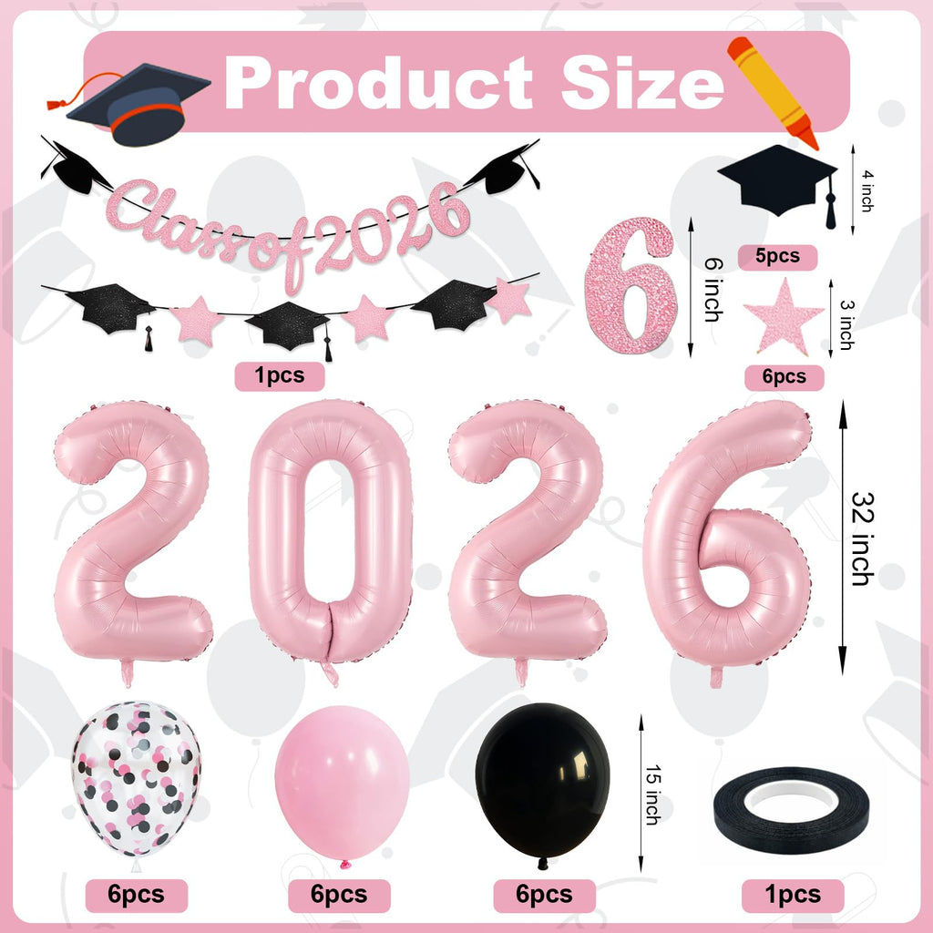 Graduation Balloons Class of 2026, Black Gold Graduation Party Decorations Set with 32in 2026 Number Balloons Confetti Balloon Star Cap Garland Banner for Senior High School College Grad Party Decor