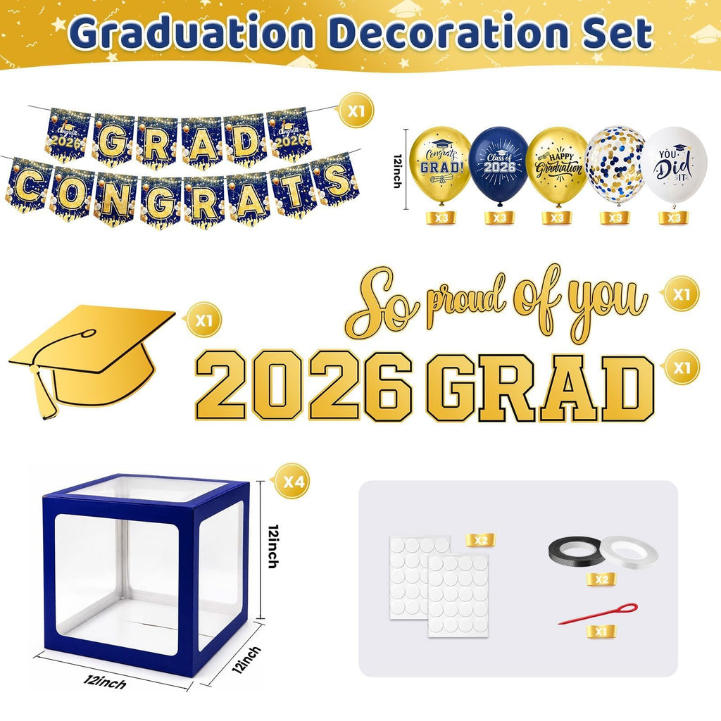 Gold and Black Graduation Party Decorations, Grad Balloon Boxes with Letters 2026 GRAD So Proud of You, Grad Balloons and Banner Decorations for Class of 2026 High School Graduation Decor