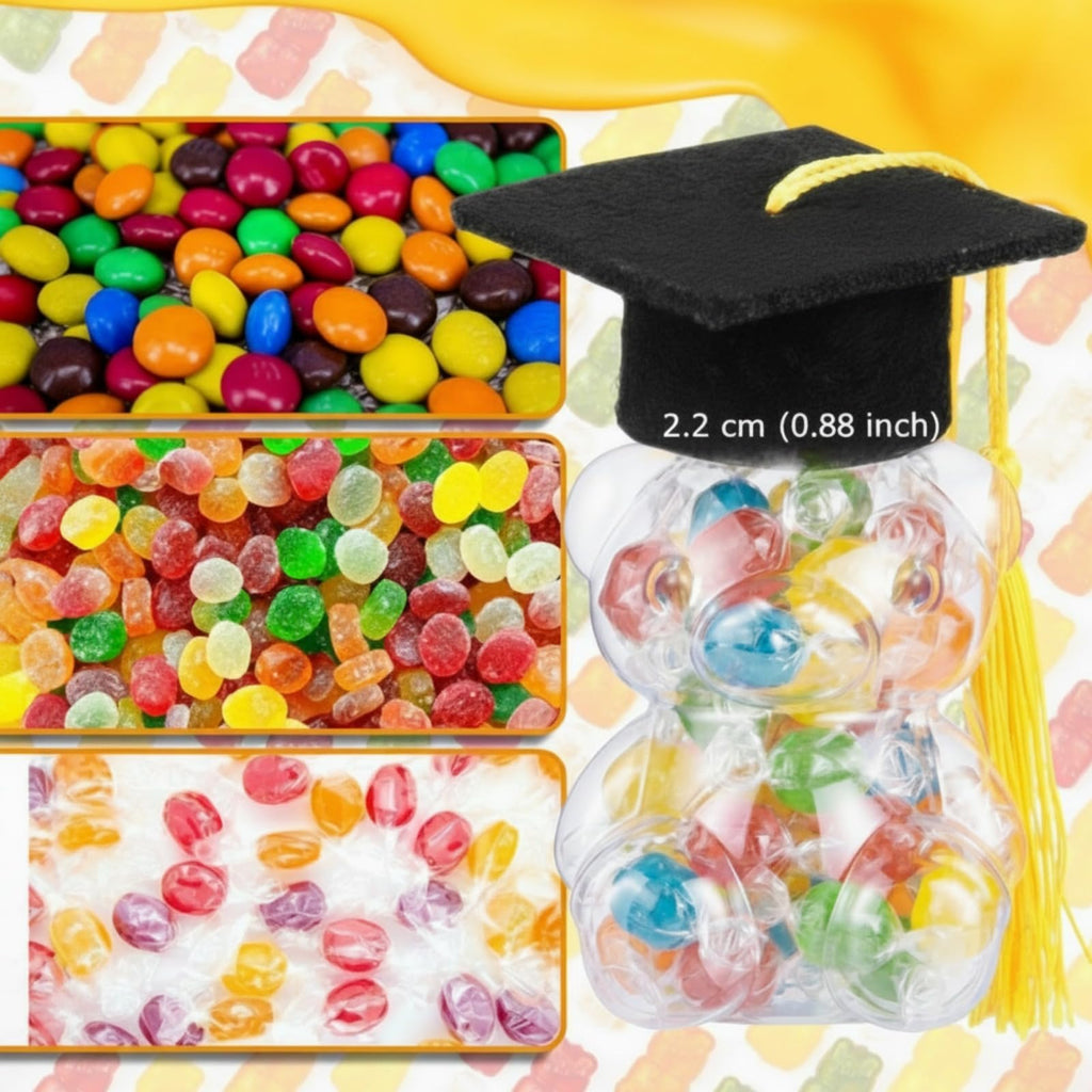 15 Set Graduation Cap Bear Jars Graduation Candy Boxes Containers Plastic Clear Bear Jars with Black Grad Cap and Tassel Grad Gifts Bulk for Party Favors Decorations (60 ml,Black Eyes)
