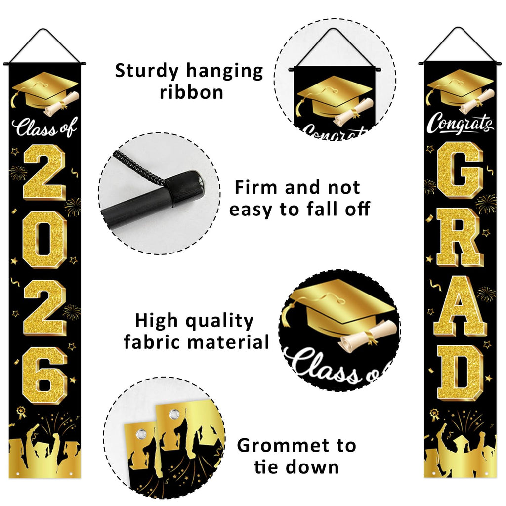 Graduation Decorations 2026 Porch Banner, Black and Gold Graduation Banner Class of 2026, Congrats Grad Decorations for Door and Porch Party Supplies