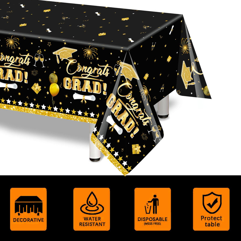 3 Pack Graduation Tablecloth Decorations,54x128inch Black Gold Congrats Grad Disposable Plastic Waterproof Rectangular Table Cloth Cover Decor for Class of 2026 College High School Party Supplies