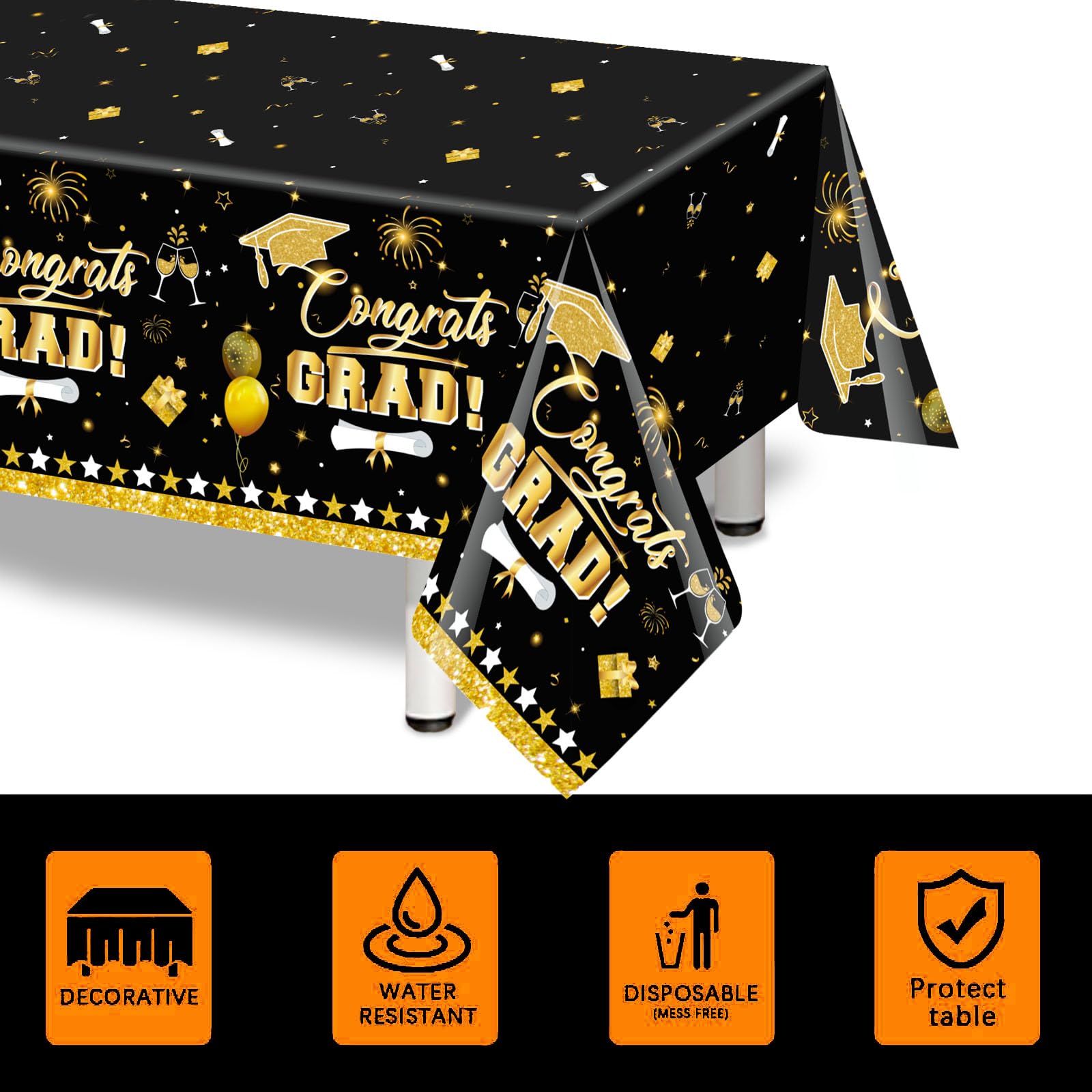 3 Pack Graduation Tablecloth Decorations,54x128inch Black Gold Congrats Grad Disposable Plastic Waterproof Rectangular Table Cloth Cover Decor for Class of 2026 College High School Party Supplies