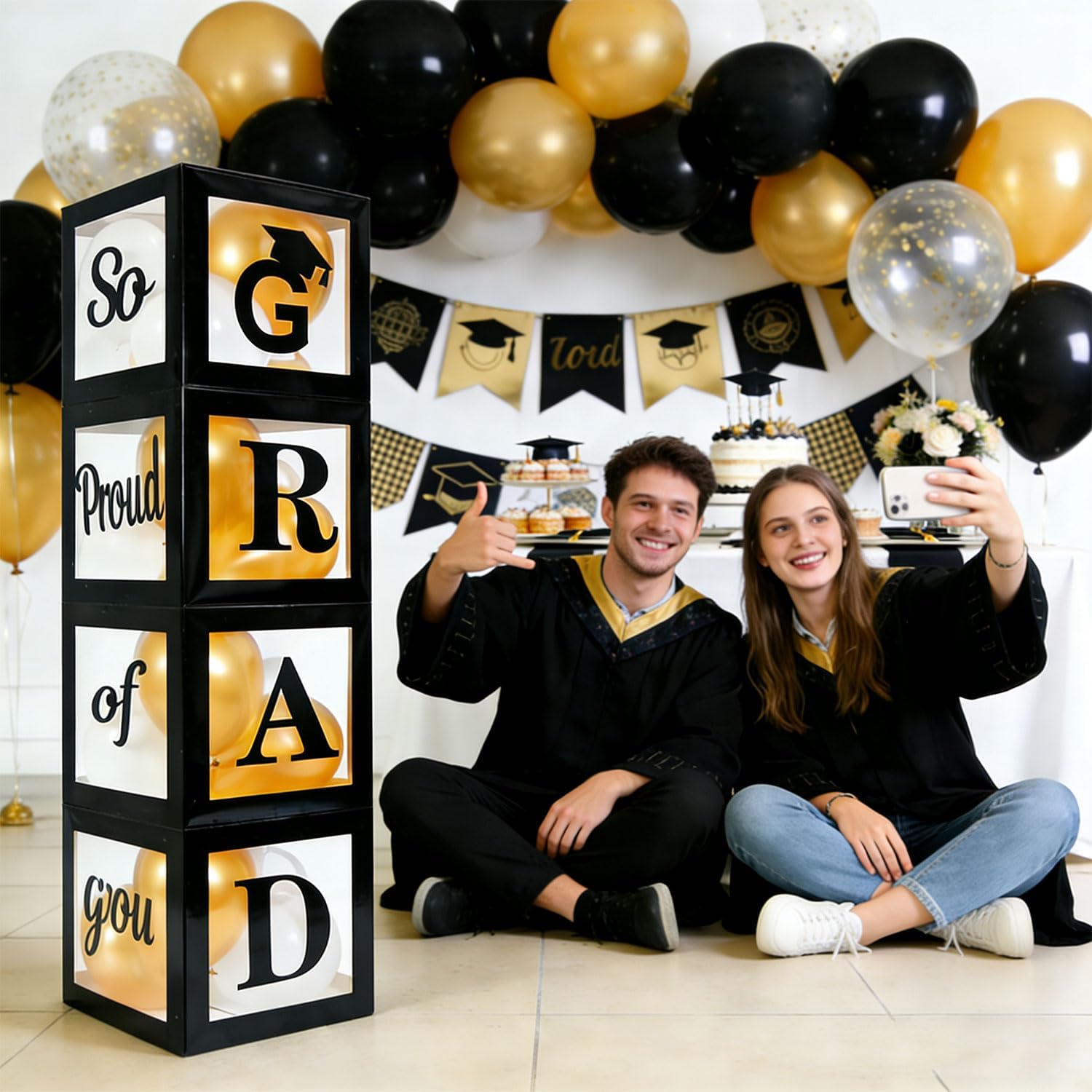 Graduation Decorations 2026 Set of 4 Boxes with 20pcs Balloons and Letters 2026 GRAD So Proud of You - Class of 2026 Party Supplies for High School & College Celebrations