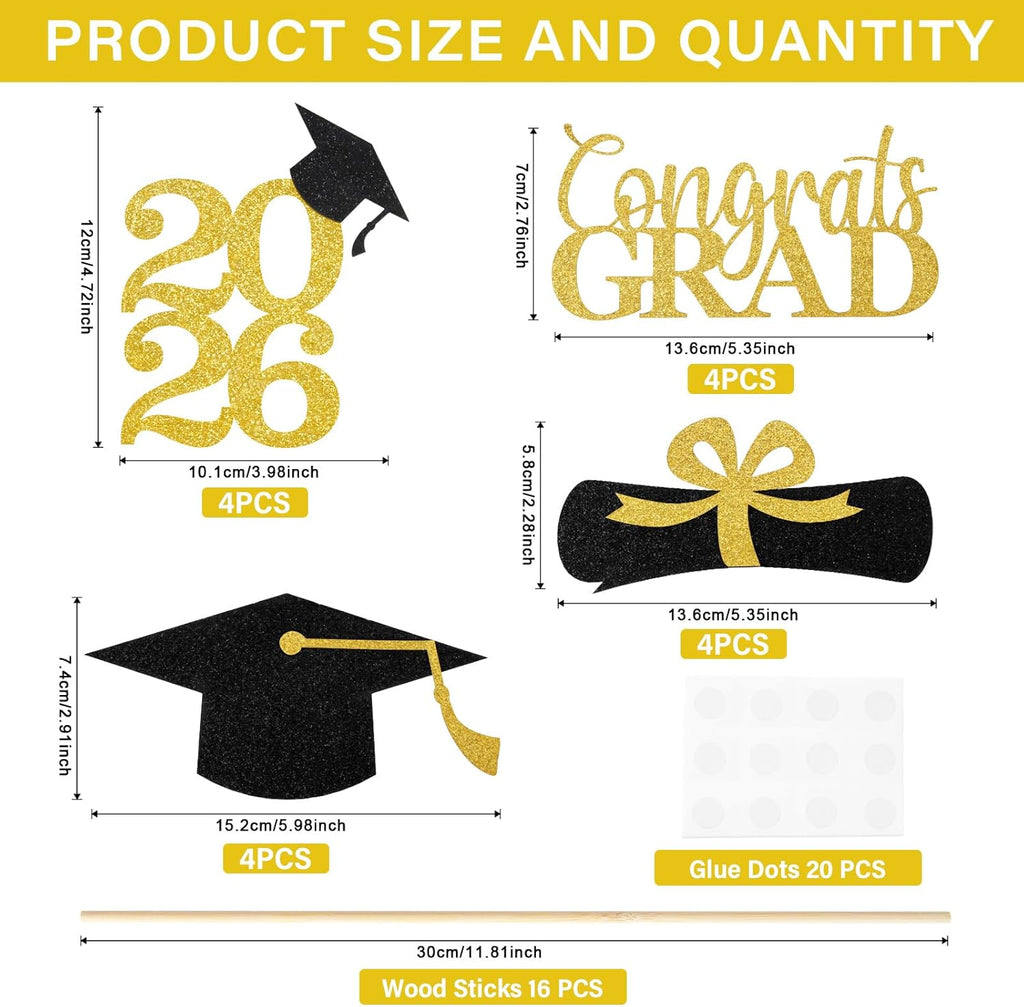 Graduation Decorations 2026, 16PCS Graduation Centerpieces for Tables, Class of 2026 Graduation Party Decorations, Gold and Black Grad Party Decors Table Toppers Sticks