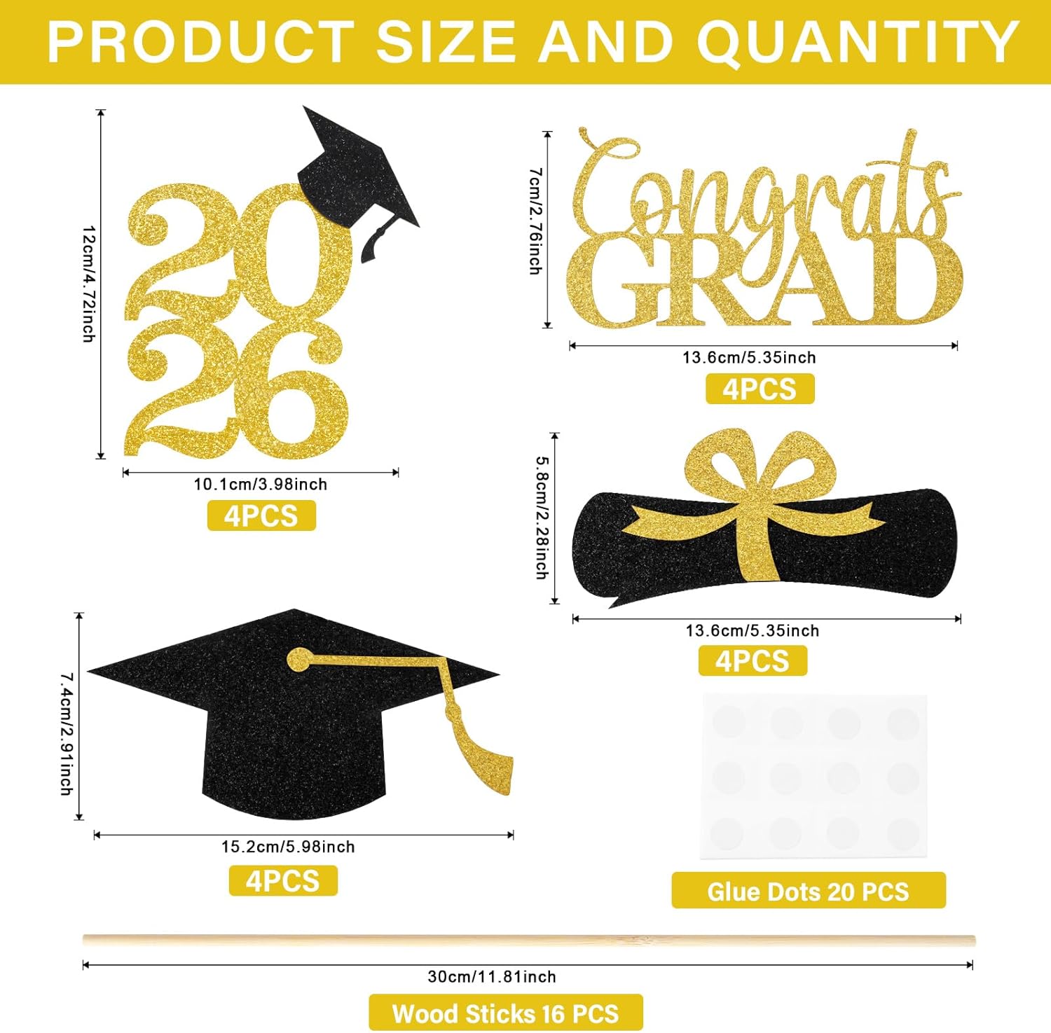 Graduation Decorations 2026, 16PCS Graduation Centerpieces for Tables, Class of 2026 Graduation Party Decorations, Gold and Black Grad Party Decors Table Toppers Sticks