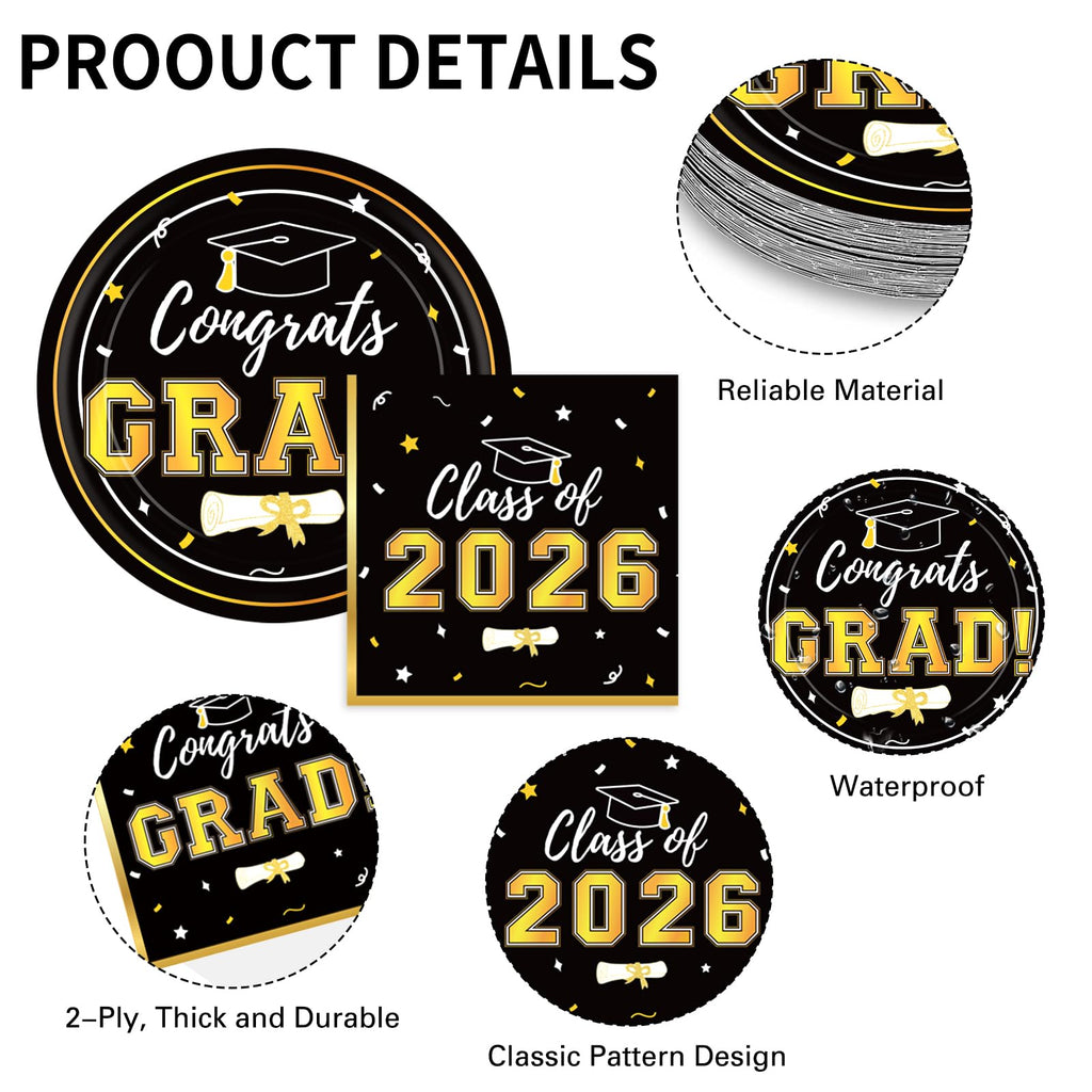 Graduation Decorations 2026 Class of 2026 Congrats Grad Disposable Paper Plates Luncheon Napkins Cocktail Napkins Black Gold Graduation Party Supplies Serve 50