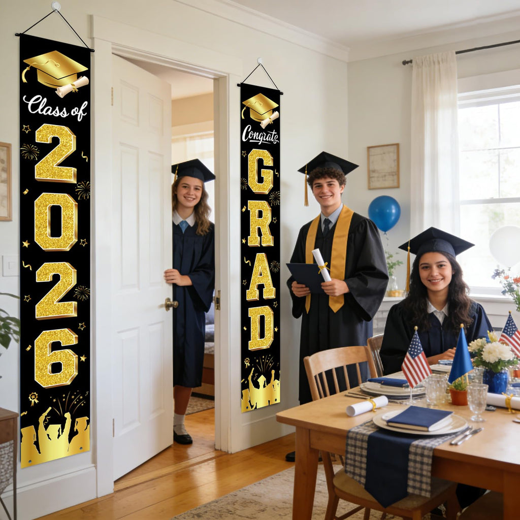 Graduation Decorations 2026 Porch Banner, Black and Gold Graduation Banner Class of 2026, Congrats Grad Decorations for Door and Porch Party Supplies