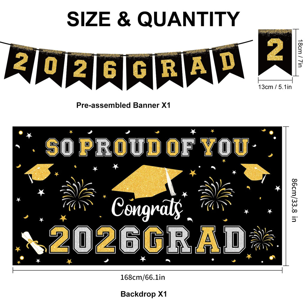 59Pcs Graduation Decorations 2026 Backdrop Balloons Banner Centerpiece Hanging Swirls Grad Class of 2026 Decorations for kindergarten K-12th College Any Grade Black Gold Themed