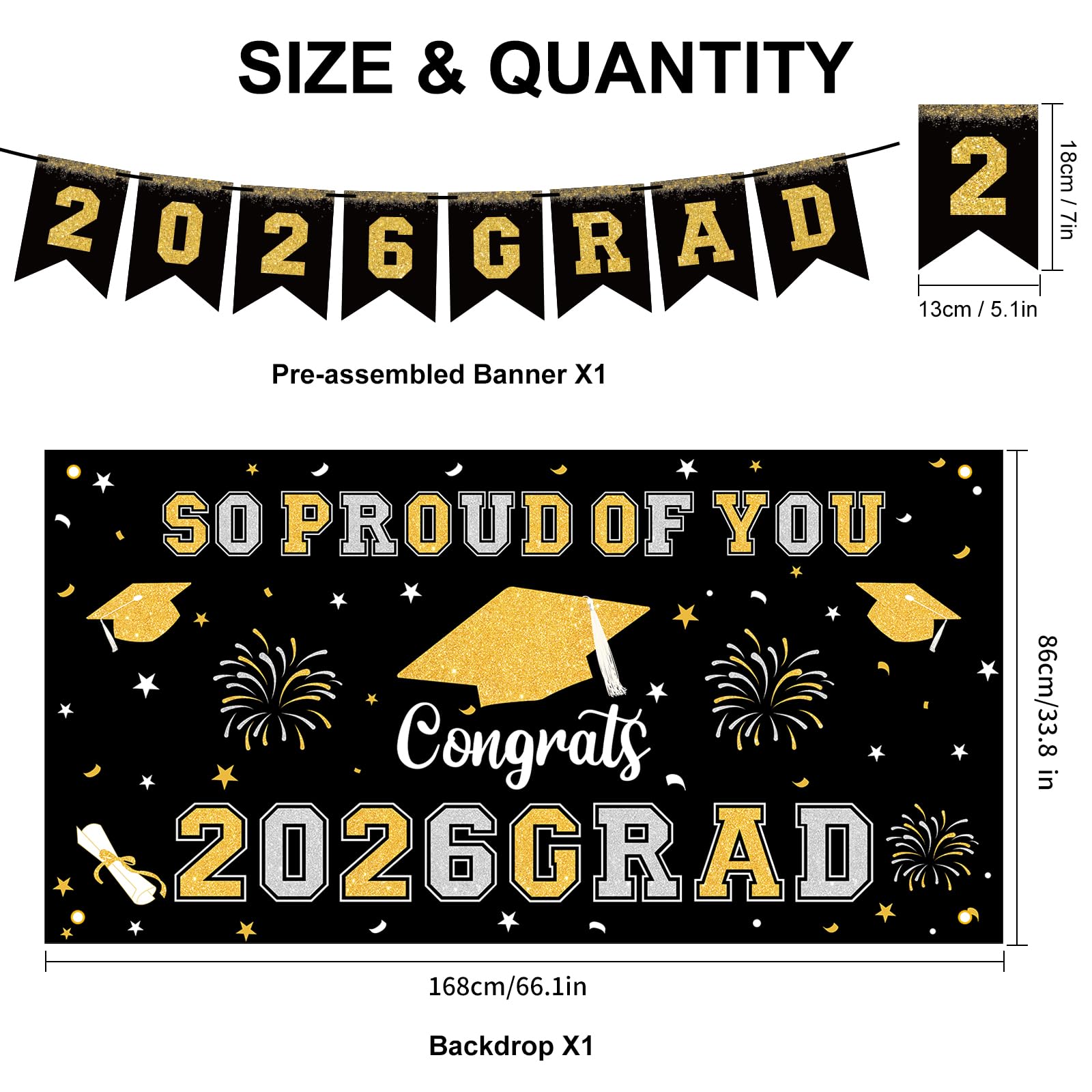 59Pcs Graduation Decorations 2026 Backdrop Balloons Banner Centerpiece Hanging Swirls Grad Class of 2026 Decorations for kindergarten K-12th College Any Grade Black Gold Themed