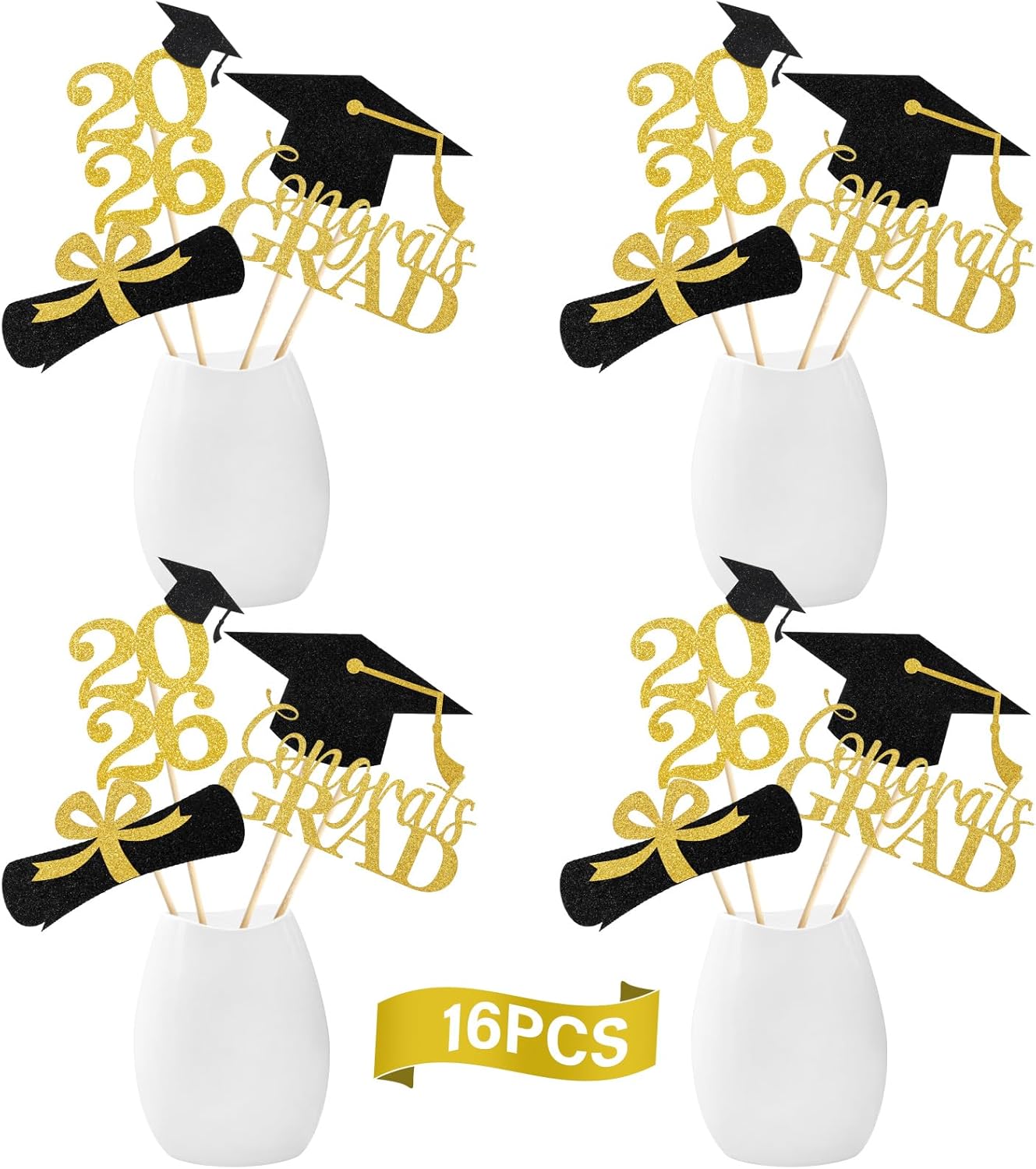 Graduation Decorations 2026, 16PCS Graduation Centerpieces for Tables, Class of 2026 Graduation Party Decorations, Gold and Black Grad Party Decors Table Toppers Sticks