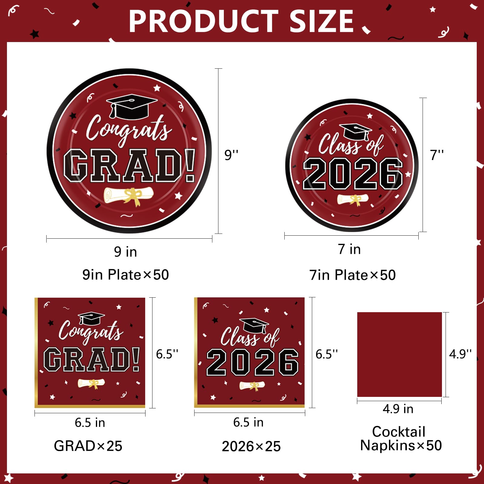 Graduation Decorations 2026 Class of 2026 Congrats Grad Disposable Paper Plates Luncheon Napkins Cocktail Napkins Black Gold Graduation Party Supplies Serve 50