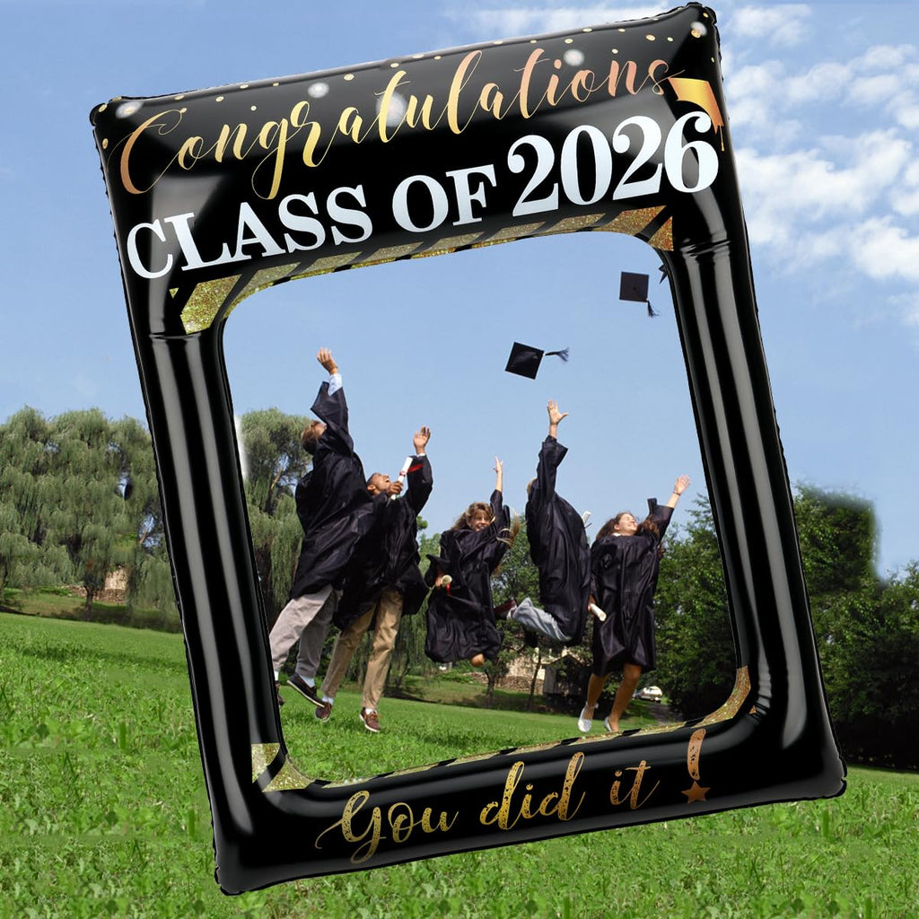 POPGIFTU Class of 2026 Graduation Photo Booth Frame, Inflatable Selfie Frame 31" x 24", Black Gold Congrats Grad Photo Booth Props for Graduation Party Decorations 2026