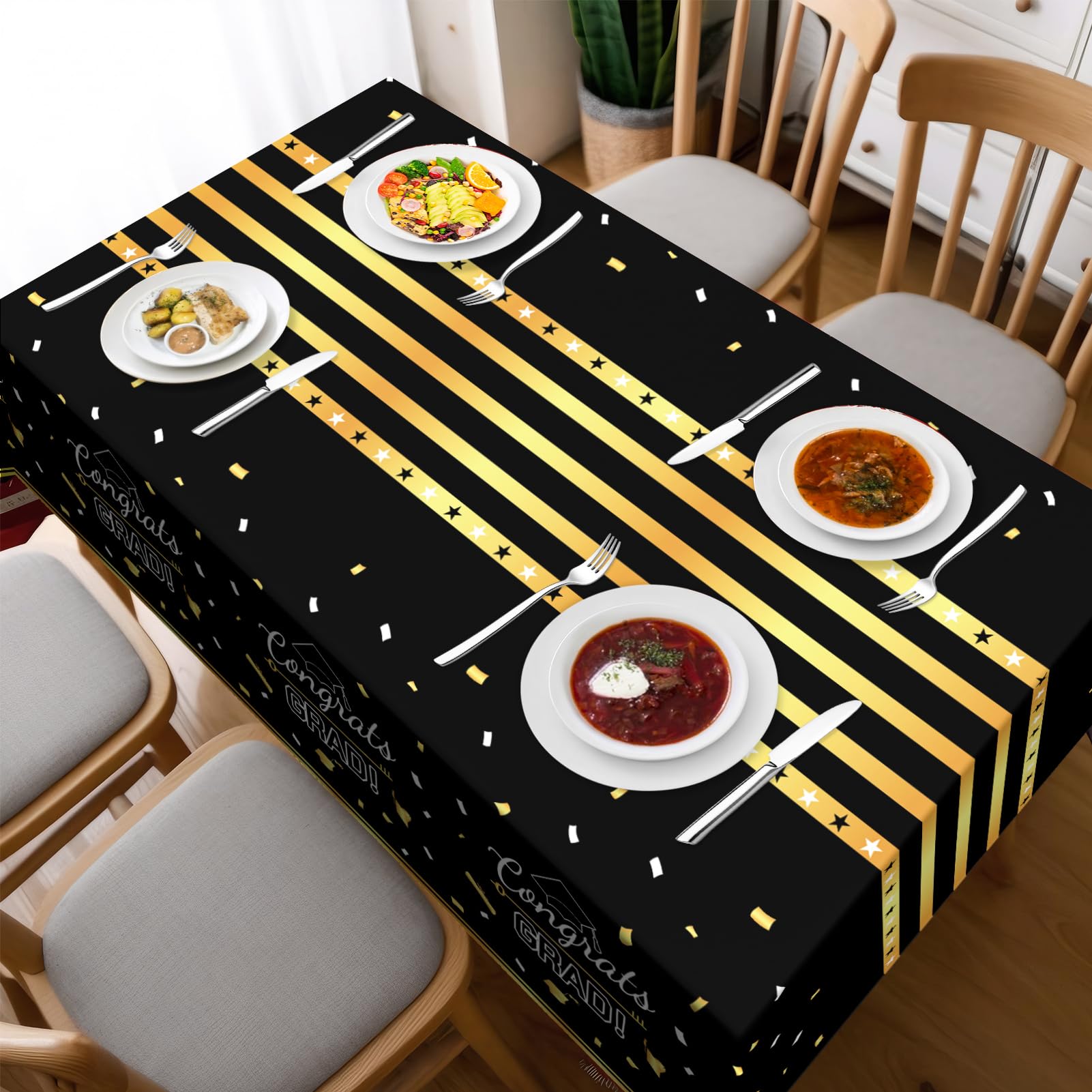Childom 3 Pack Graduation Tablecloth,Graduation Decorations Class of 2026 Graduation Party Decorations,54"x108" Black and Gold Plastic Table Cloth Disposable for Home,School,Birthday,Wedding,Parties