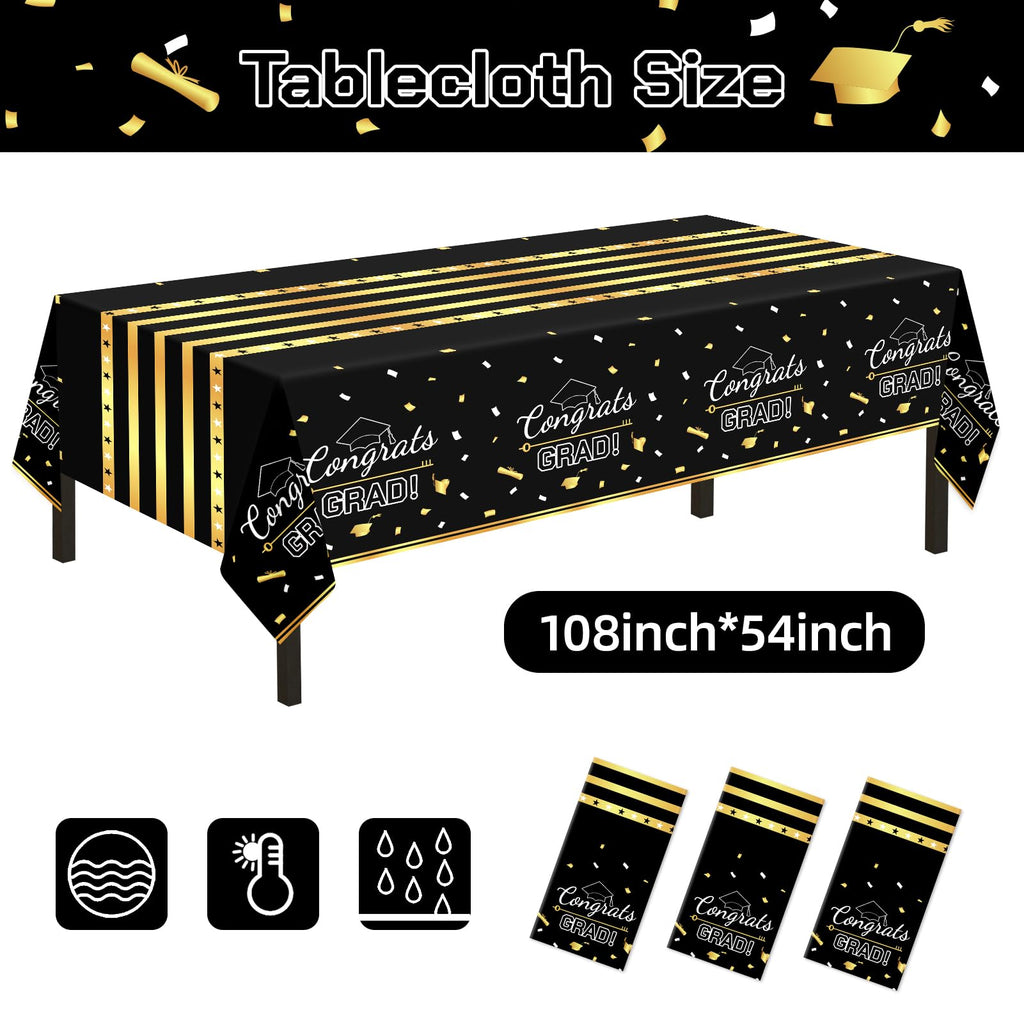 Childom 3 Pack Graduation Tablecloth,Graduation Decorations Class of 2026 Graduation Party Decorations,54"x108" Black and Gold Plastic Table Cloth Disposable for Home,School,Birthday,Wedding,Parties