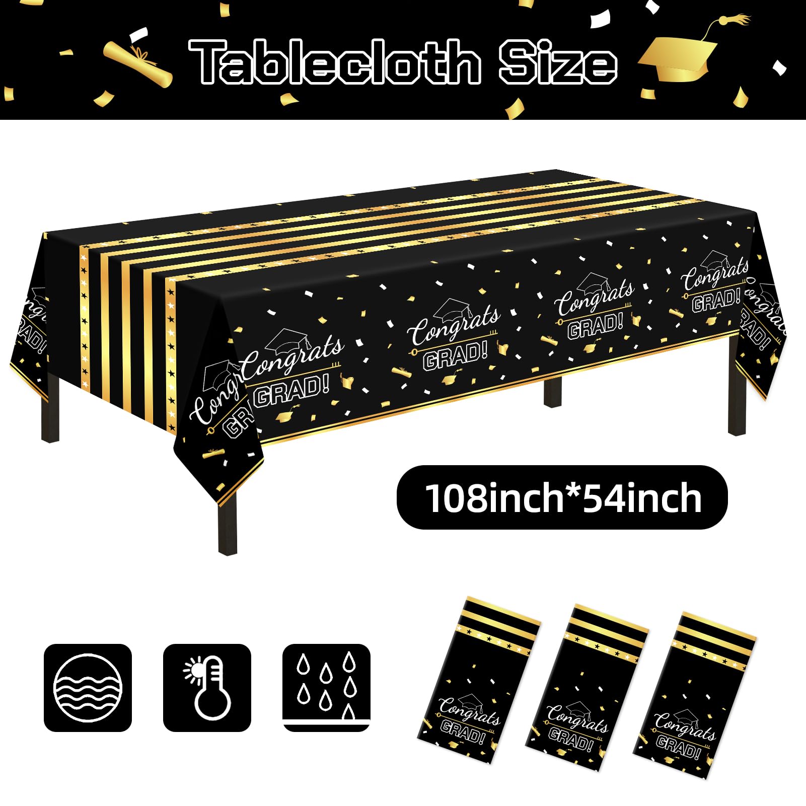 Childom 3 Pack Graduation Tablecloth,Graduation Decorations Class of 2026 Graduation Party Decorations,54"x108" Black and Gold Plastic Table Cloth Disposable for Home,School,Birthday,Wedding,Parties