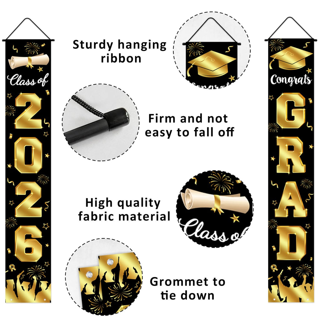 Graduation Decorations 2026 Porch Banner, Black and Gold Graduation Banner Class of 2026, Congrats Grad Decorations for Door and Porch Party Supplies