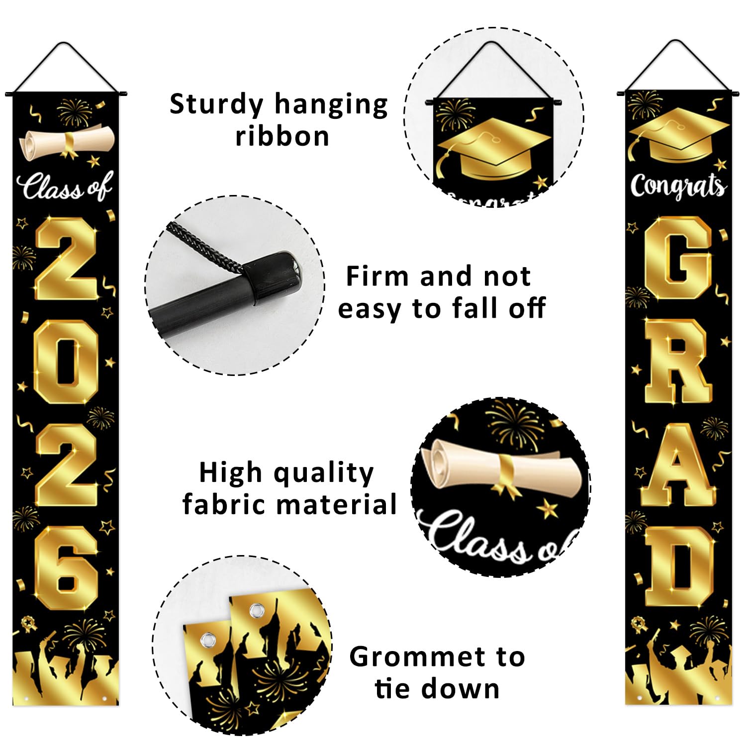 Graduation Decorations 2026 Porch Banner, Black and Gold Graduation Banner Class of 2026, Congrats Grad Decorations for Door and Porch Party Supplies