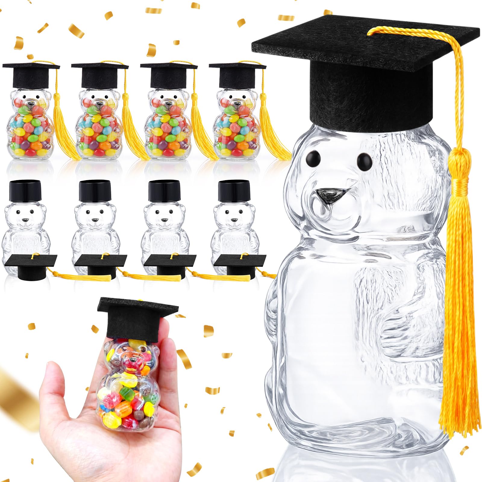 15 Set Graduation Cap Bear Jars Graduation Candy Boxes Containers Plastic Clear Bear Jars with Black Grad Cap and Tassel Grad Gifts Bulk for Party Favors Decorations (60 ml,Black Eyes)