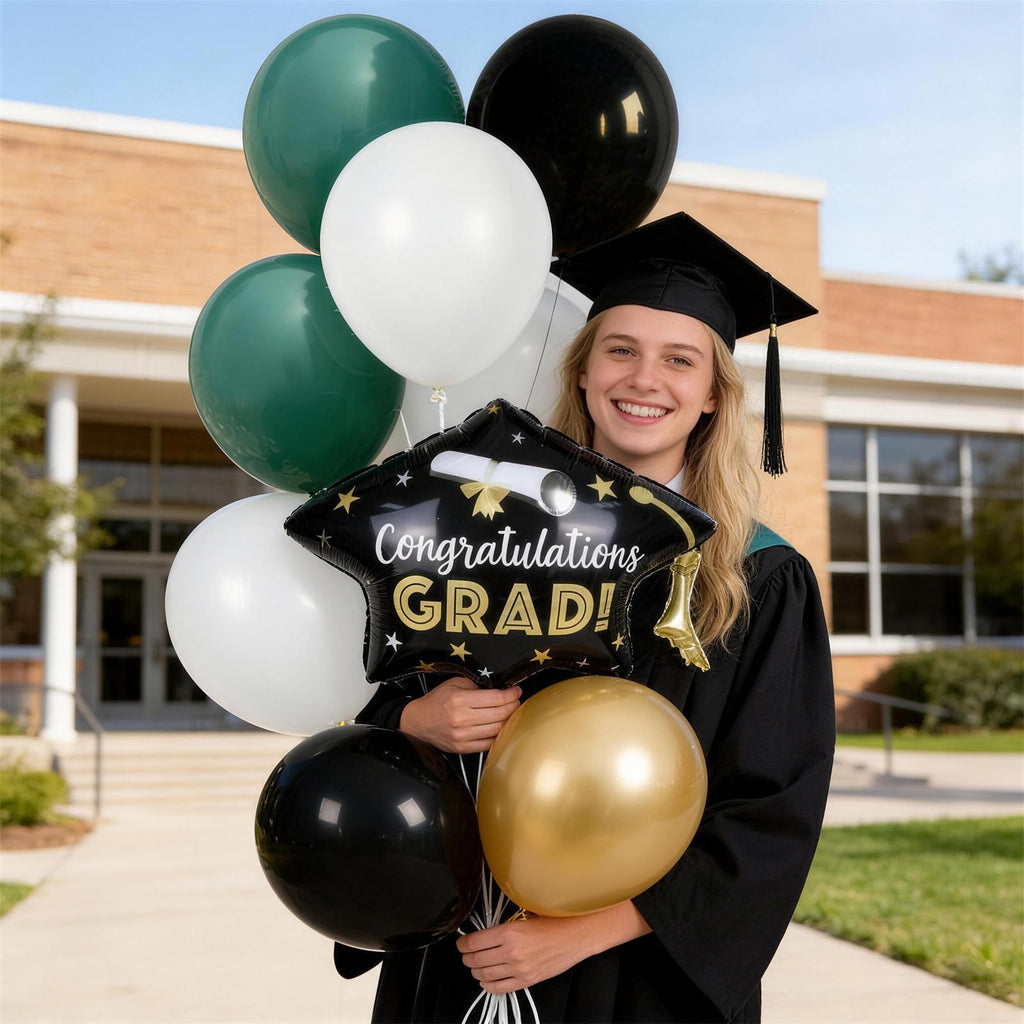 Black and Gold Balloons Graduation Balloon with Grad Foil Balloons Black White Sand Beige Gold Metallic Balloon for Grad Prom High School College Baby Shower Anniversary Birthday Party Decor