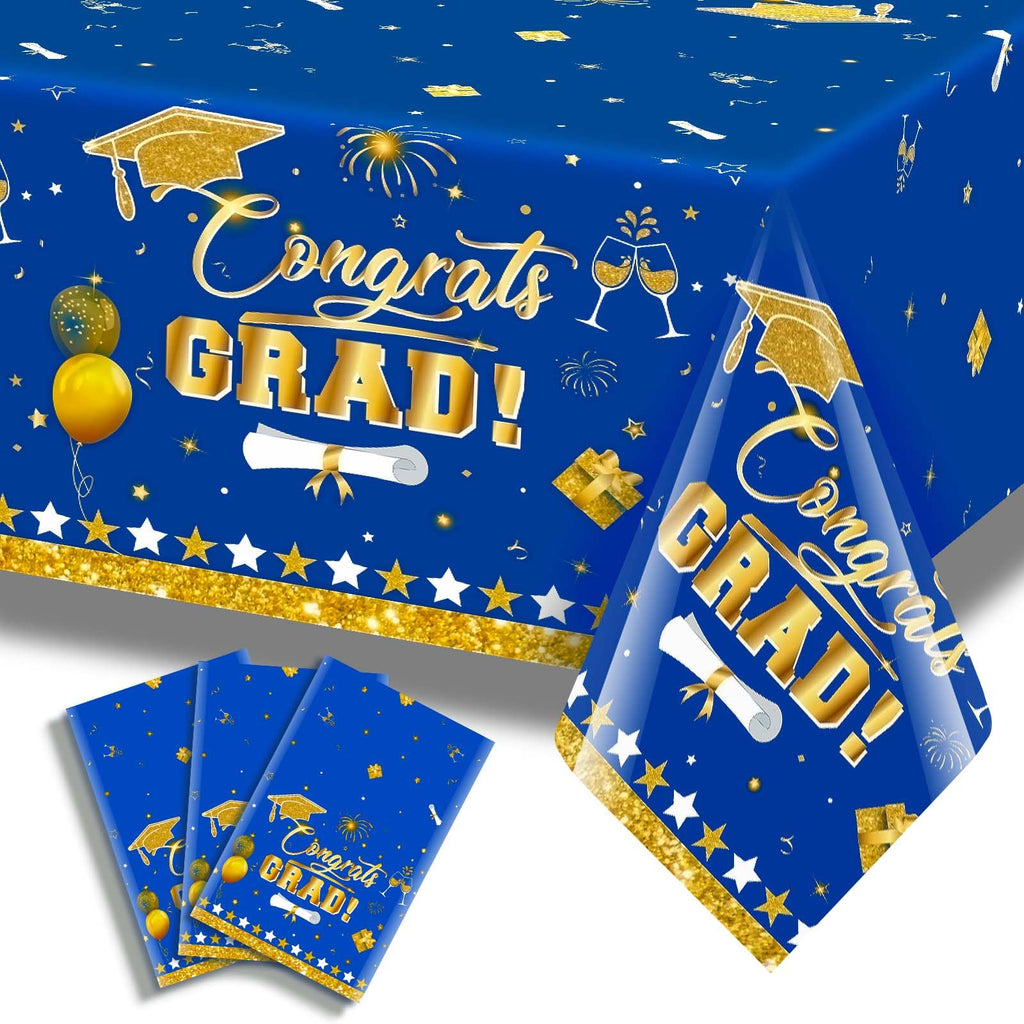 3 Pack Graduation Tablecloth Decorations,54x128inch Black Gold Congrats Grad Disposable Plastic Waterproof Rectangular Table Cloth Cover Decor for Class of 2026 College High School Party Supplies