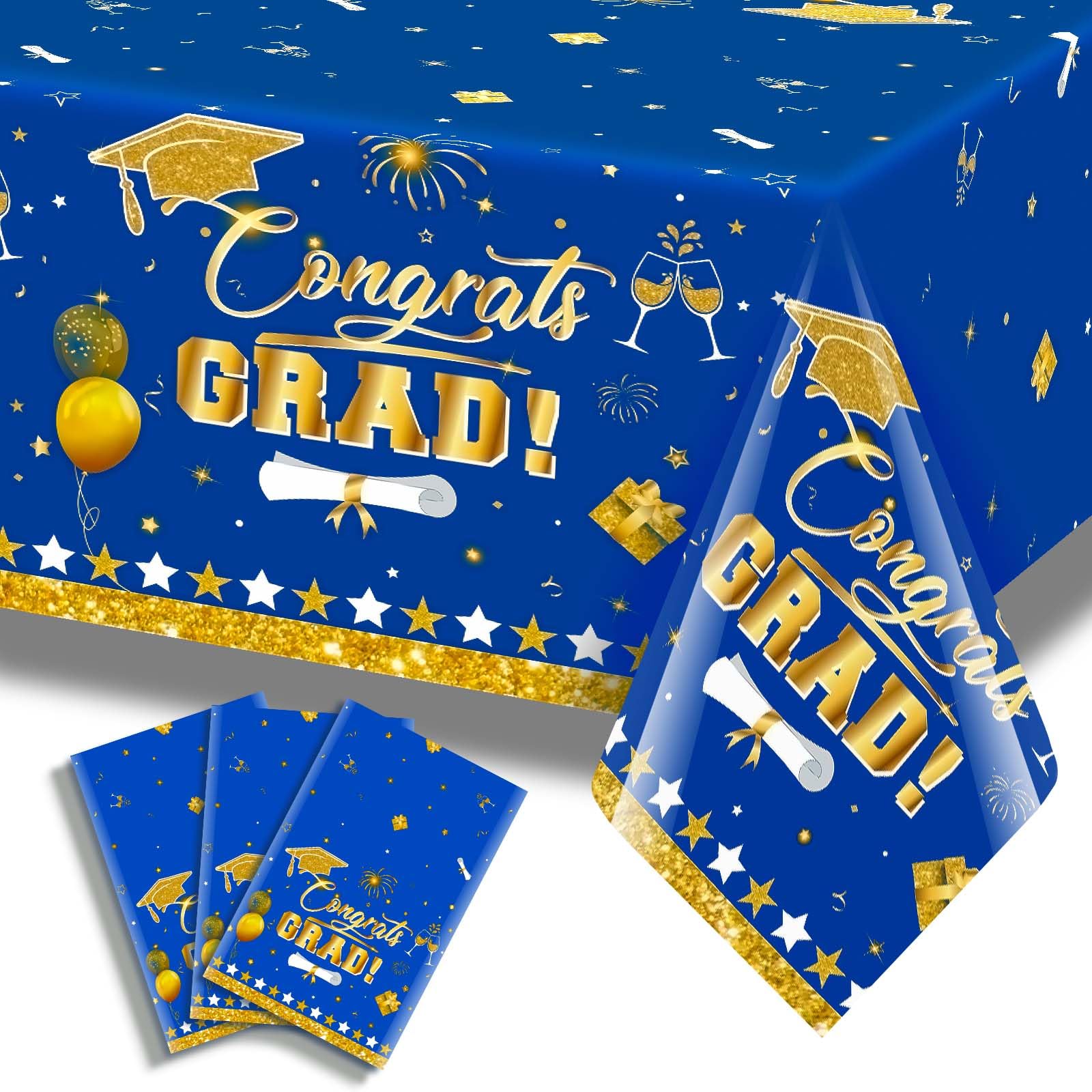 3 Pack Graduation Tablecloth Decorations,54x128inch Black Gold Congrats Grad Disposable Plastic Waterproof Rectangular Table Cloth Cover Decor for Class of 2026 College High School Party Supplies