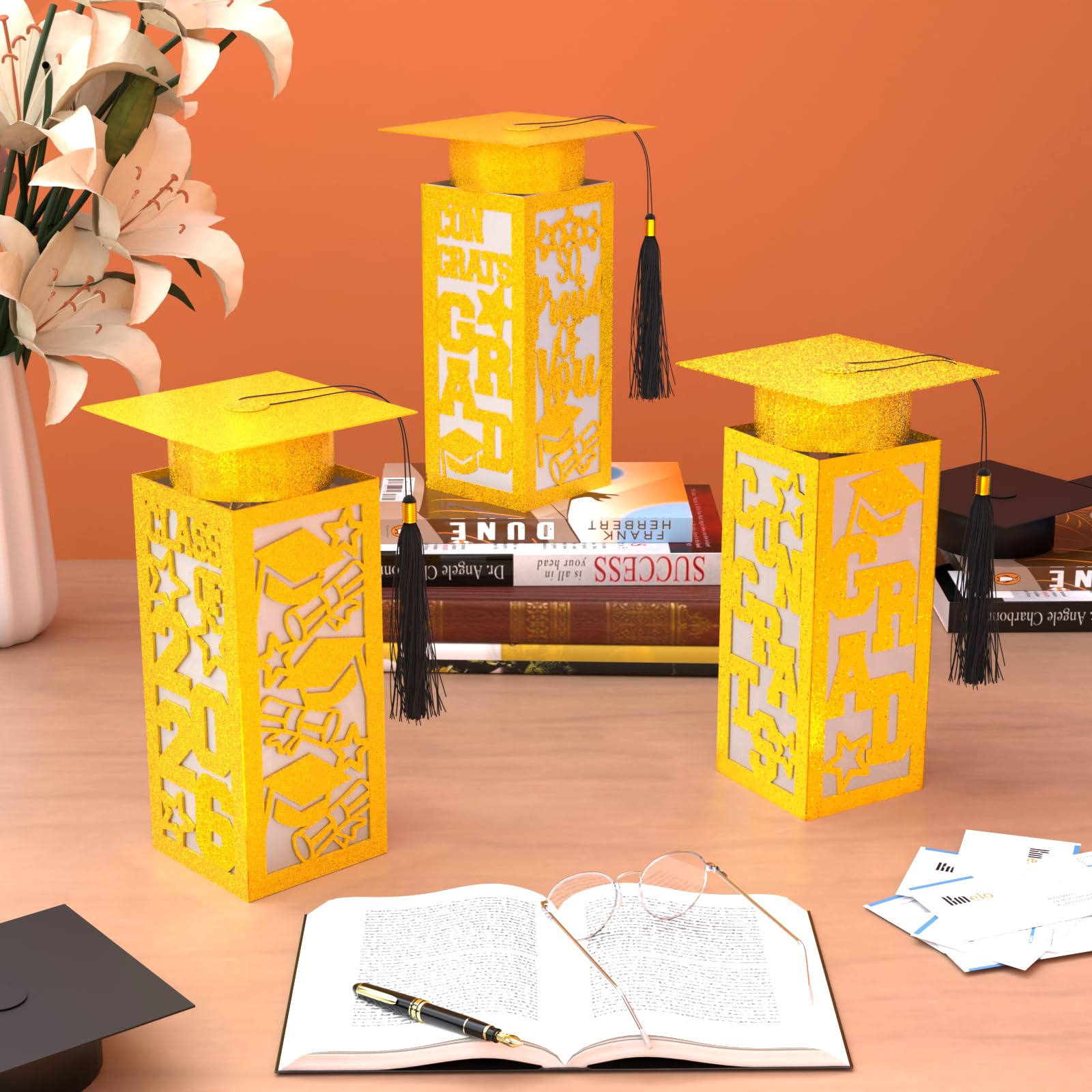 6 Pcs Graduation Table Centerpieces Boxes Class of 2026, Golden Graduation Paper Lanterns Boxes with String Lights Hollow Out for Congrats Grad School College Table Decorations Grad Party Photo Props