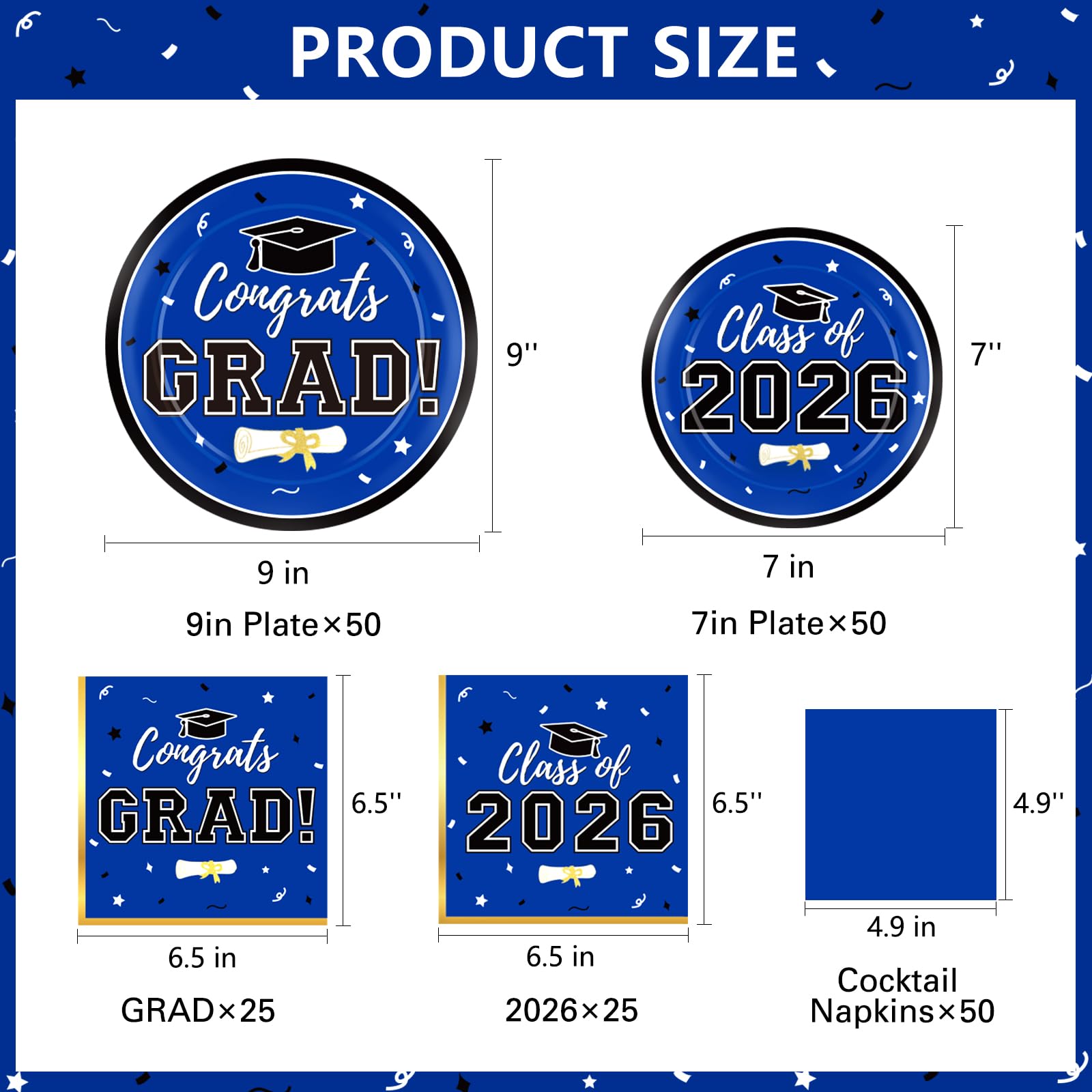 Graduation Decorations 2026 Class of 2026 Congrats Grad Disposable Paper Plates Luncheon Napkins Cocktail Napkins Black Gold Graduation Party Supplies Serve 50